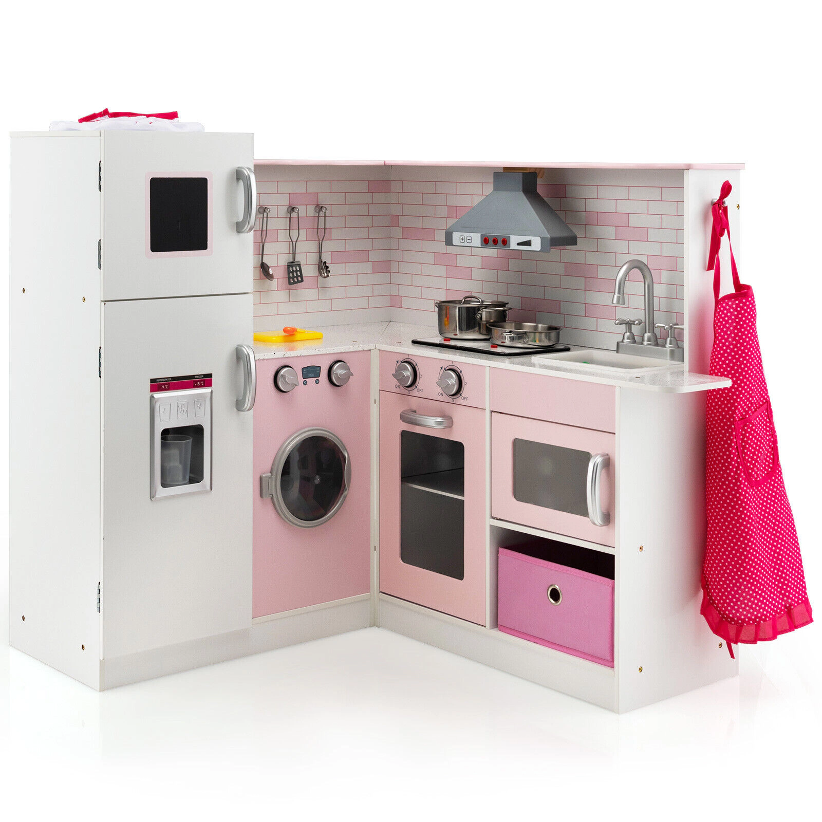 SUGIFT White and Pink Sound Light and Cookware Corner Kids Wooden Play Kitchen Set
