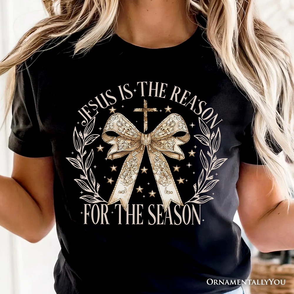 OrnamentallyYou Womens Jesus Is The Reason Christmas Gold Bow Cross T-Shirt