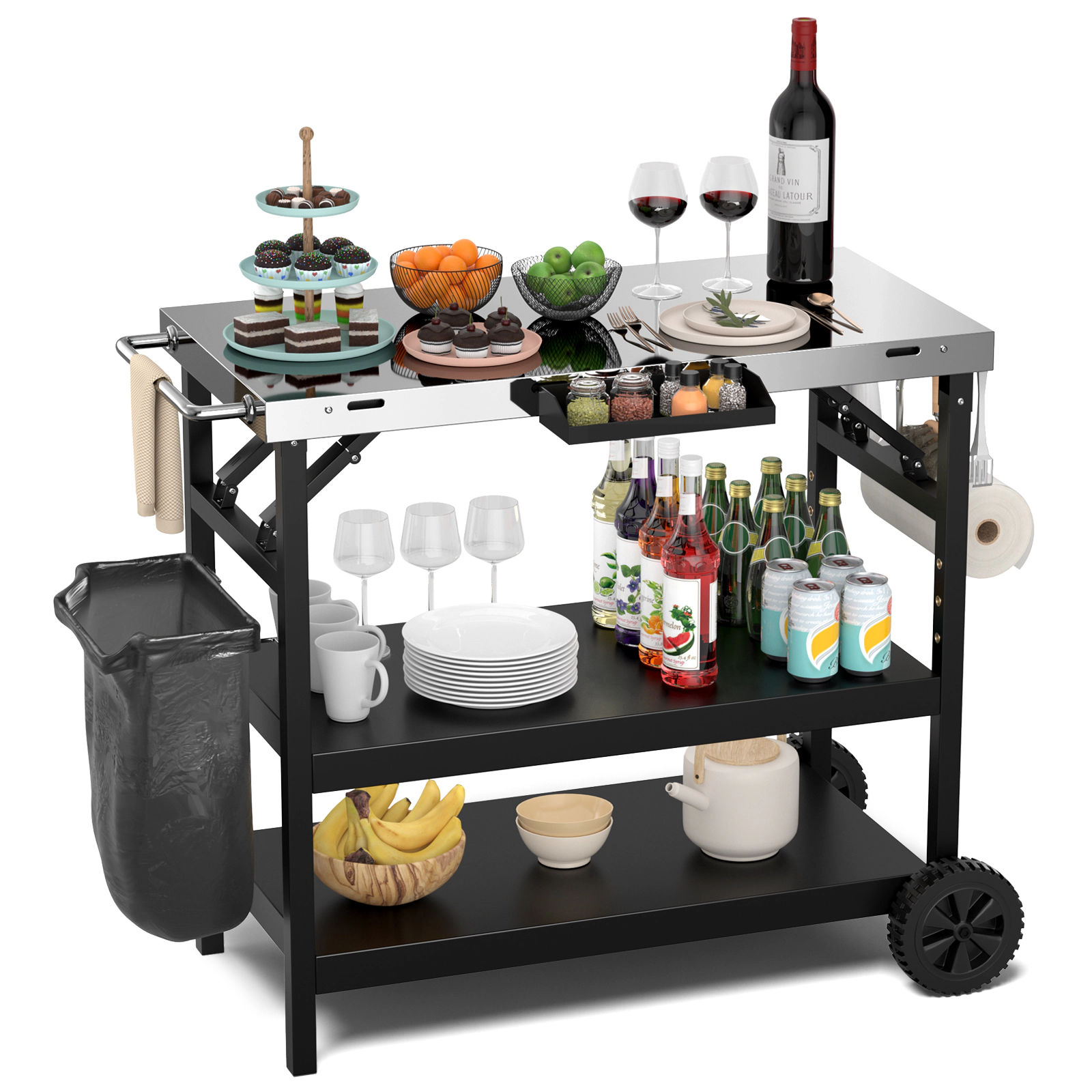 SUGIFT 110-lb Top Capacity 3-Tier Black Foldable Outdoor Cart with Adjustable Middle Shelf and 4 Hooks