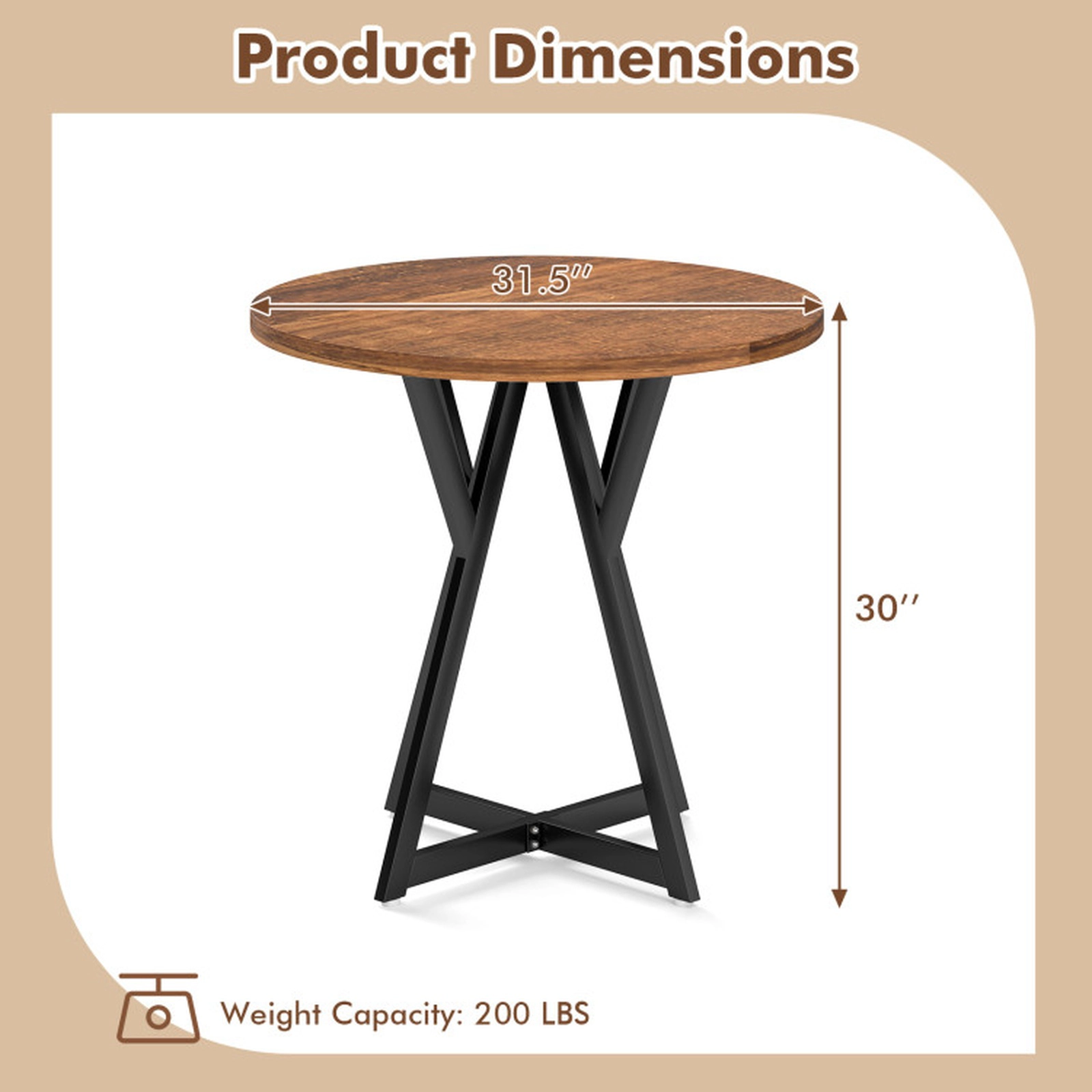 SUGIFT 31.5-in Round Industrial Dining Table Engineered Wood Top Metal Pedestal X-Base 220-lb Capacity Rustic Brown