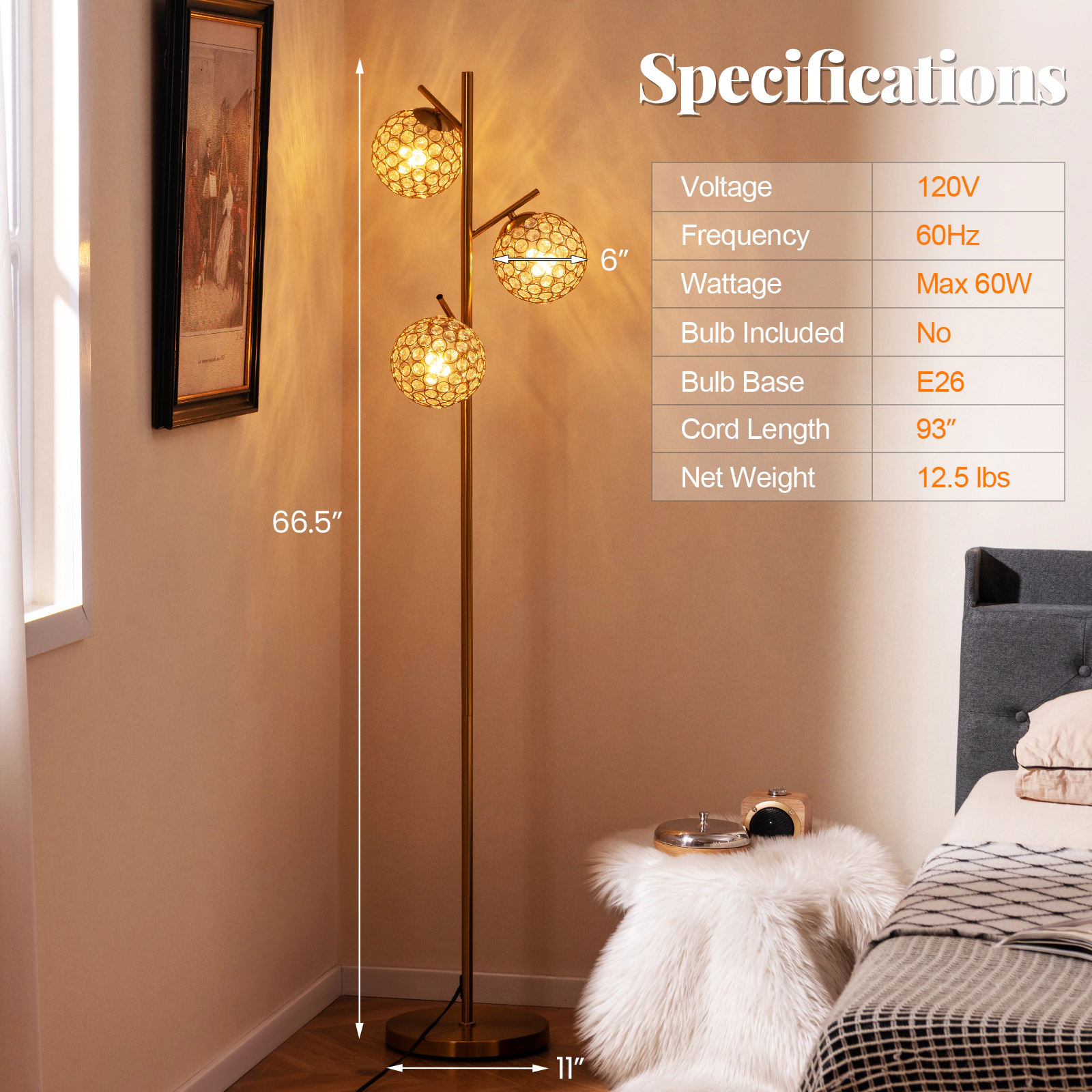 SlickBlue 3 Globe Floor Lamp with 3 E26 Bulb Bases Foot Switch