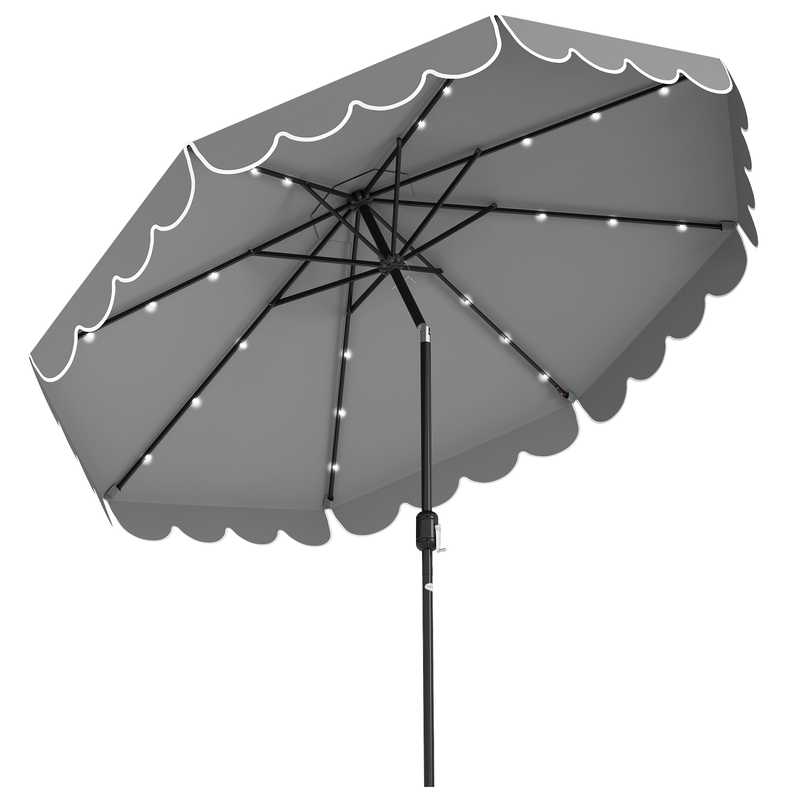 SUGIFT 10-ft Gray Solar LED Patio Umbrella with 24 Lights Push-Button Tilt and Vented Ruffled Canopy
