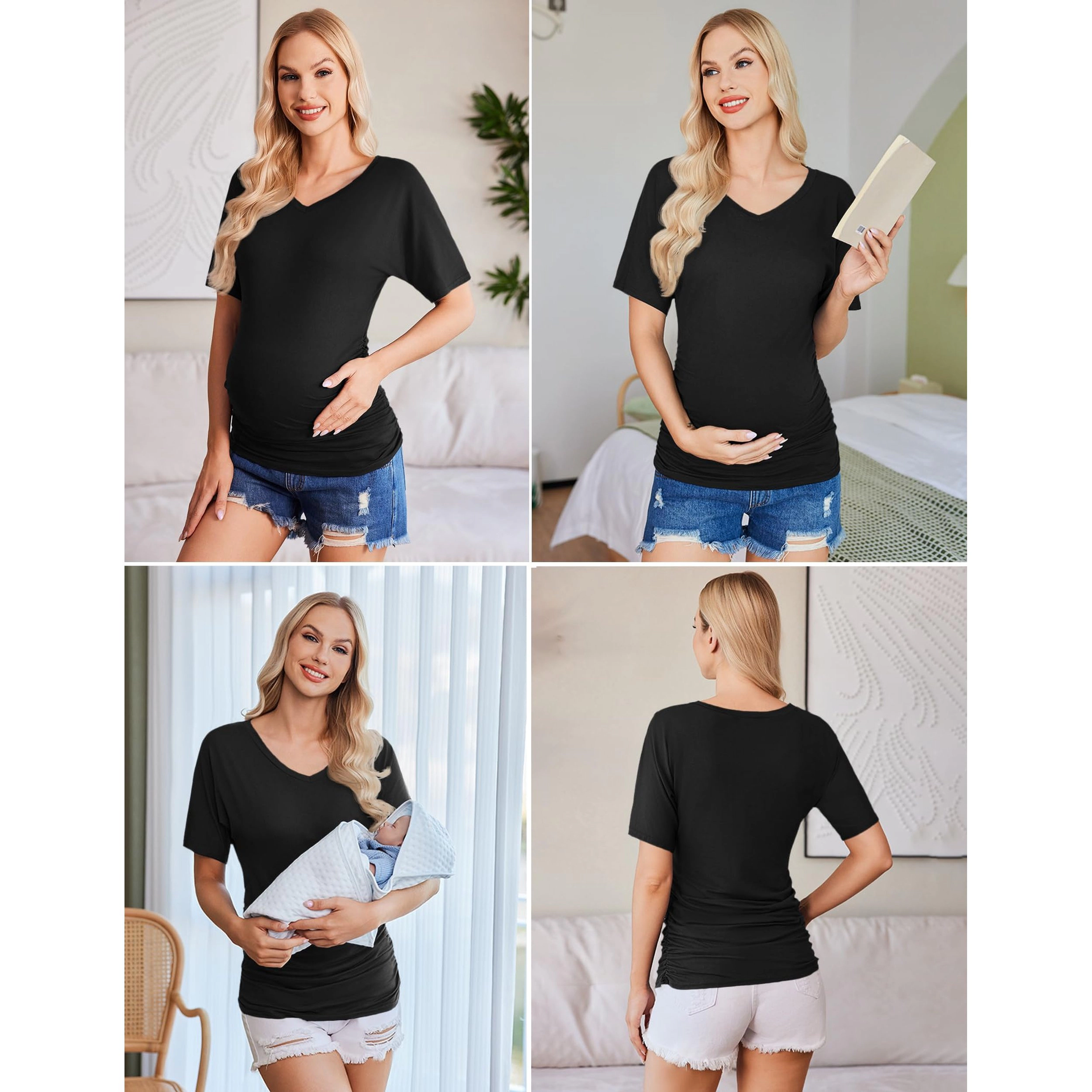 Ekouaer Women's V Neck Short Sleeve Ruched Maternity T-Shirt 3 Pack