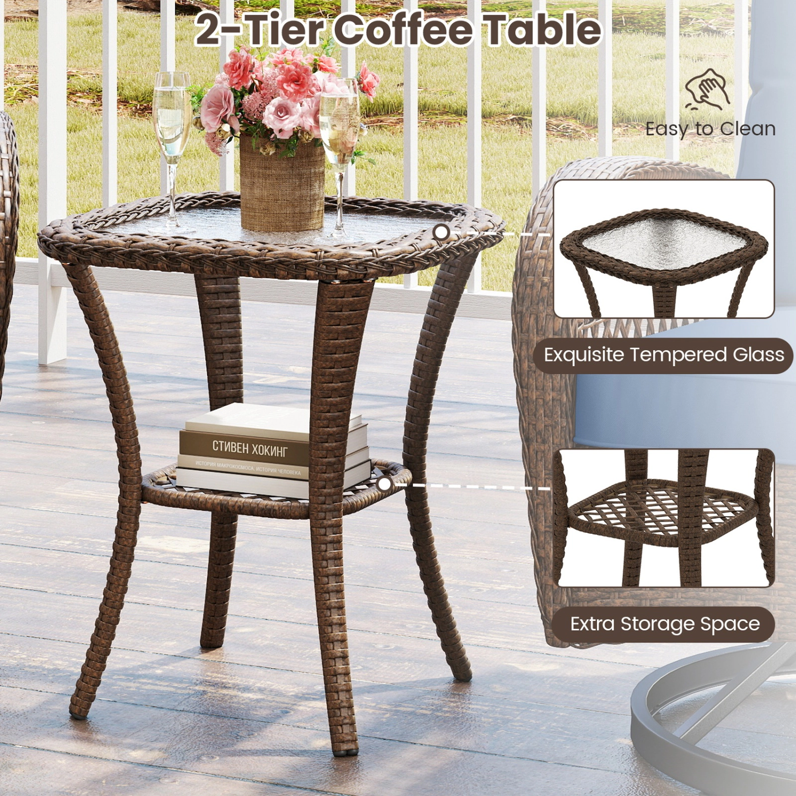 SUGIFT 3-Piece Brown Patio Furniture Set with 2 Swivel Rocker Chairs and 2-Tier Side Table 400-lb Per Seat