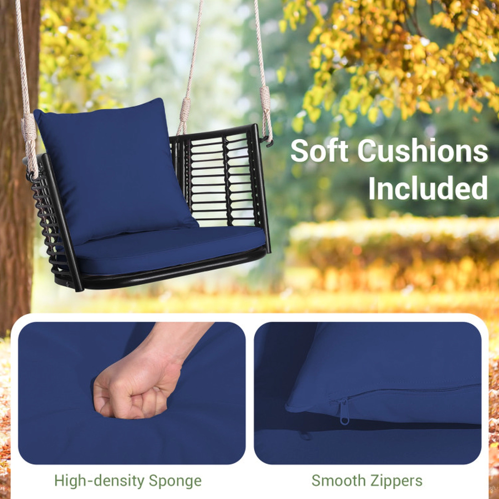 SUGIFT Single Person Hanging Seat Swing 400-lb Capacity with Seat and Back Cushions Blue