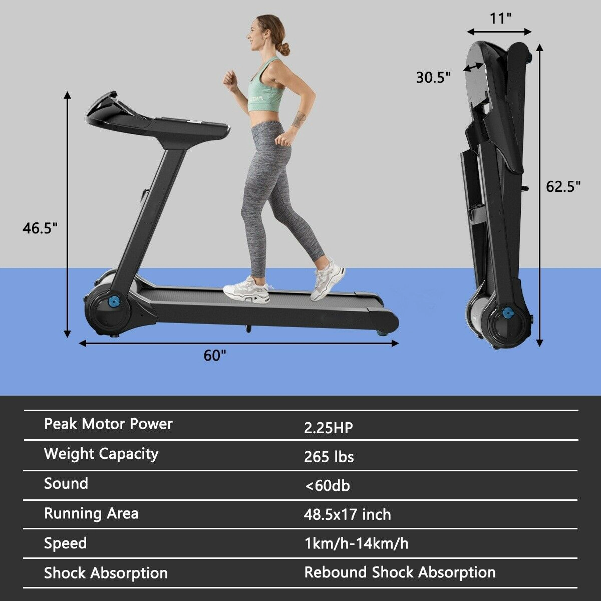 SUGIFT 2.25-HP 265-lb Capacity Folding Treadmill with Bluetooth Speaker LED Touch Display and APP Control