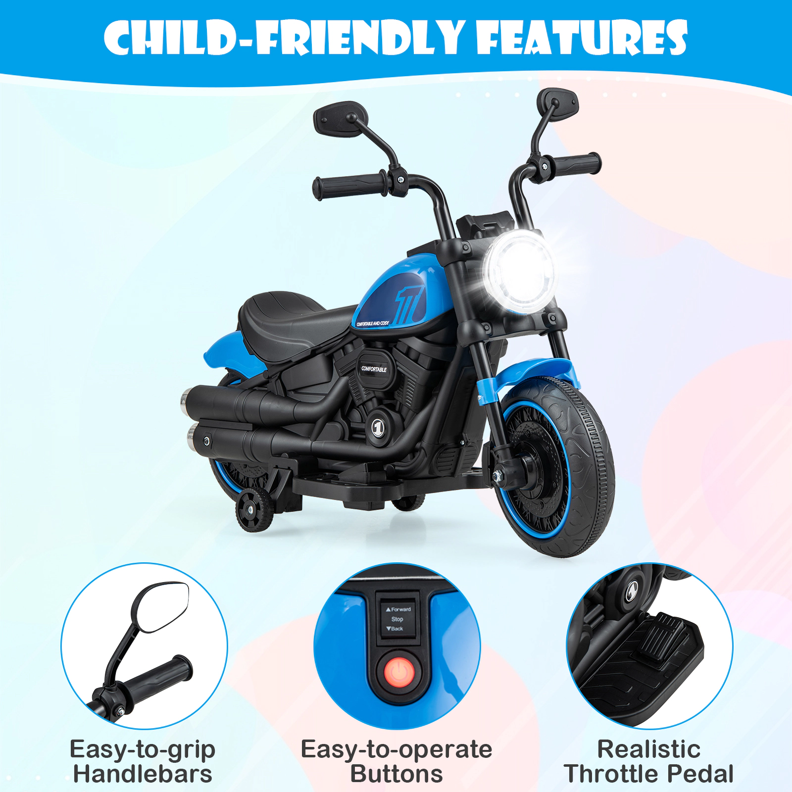 LJG Kids Electric Motorcycle with Training Wheels and LED Headlights