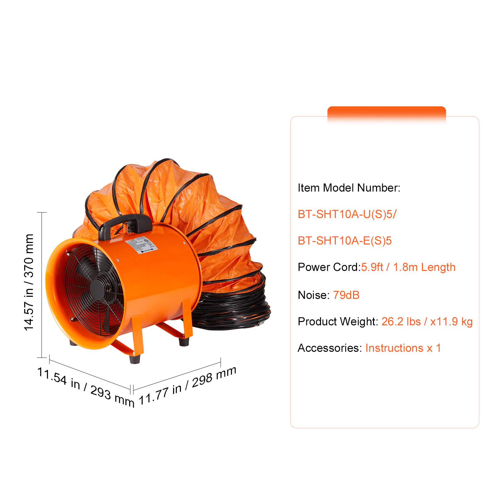 HONGGE Portable Ventilator 10 inch Heavy Duty Cylinder Fan with Duct Hose 380W Strong Shop Exhaust Blower 1893FM