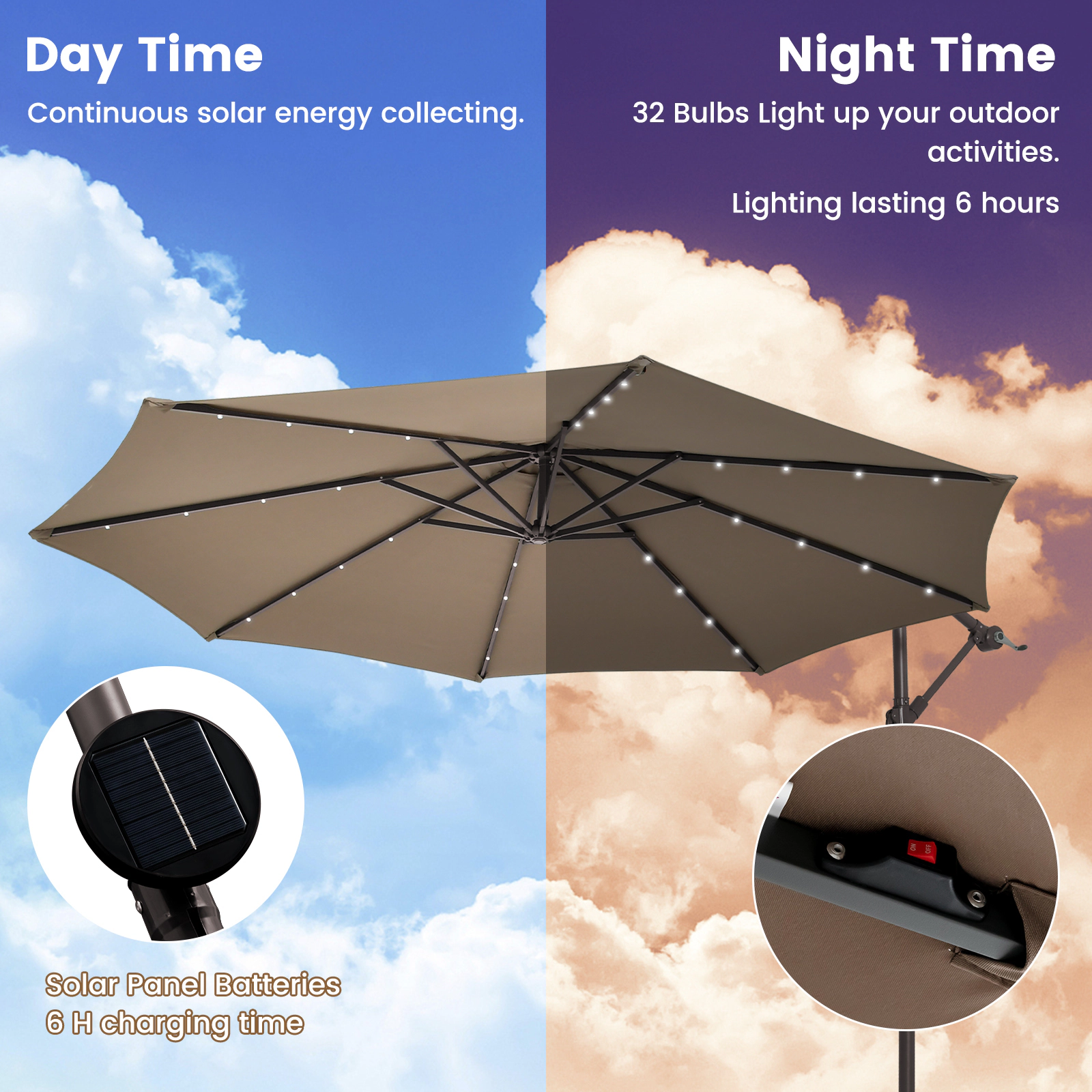 SUGIFT 10-ft Tan Solar LED Offset Cantilever Patio Umbrella with Crank Lift 90-Degree Tilt and Sand Base