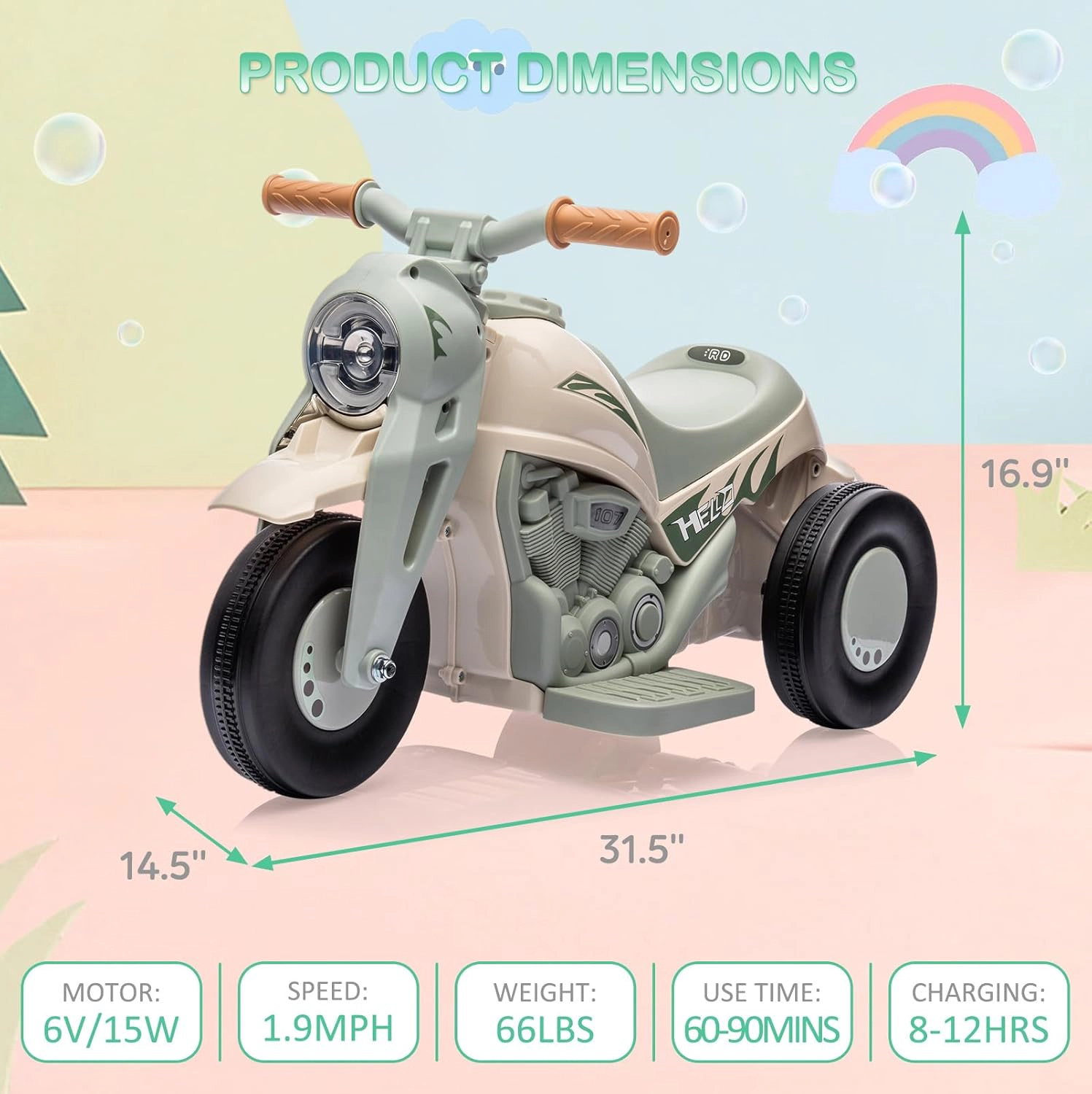 Ride-On Bubble Motorcycle for Kids, 6V Electric 3-Wheel Toy with Light, Music & Maker