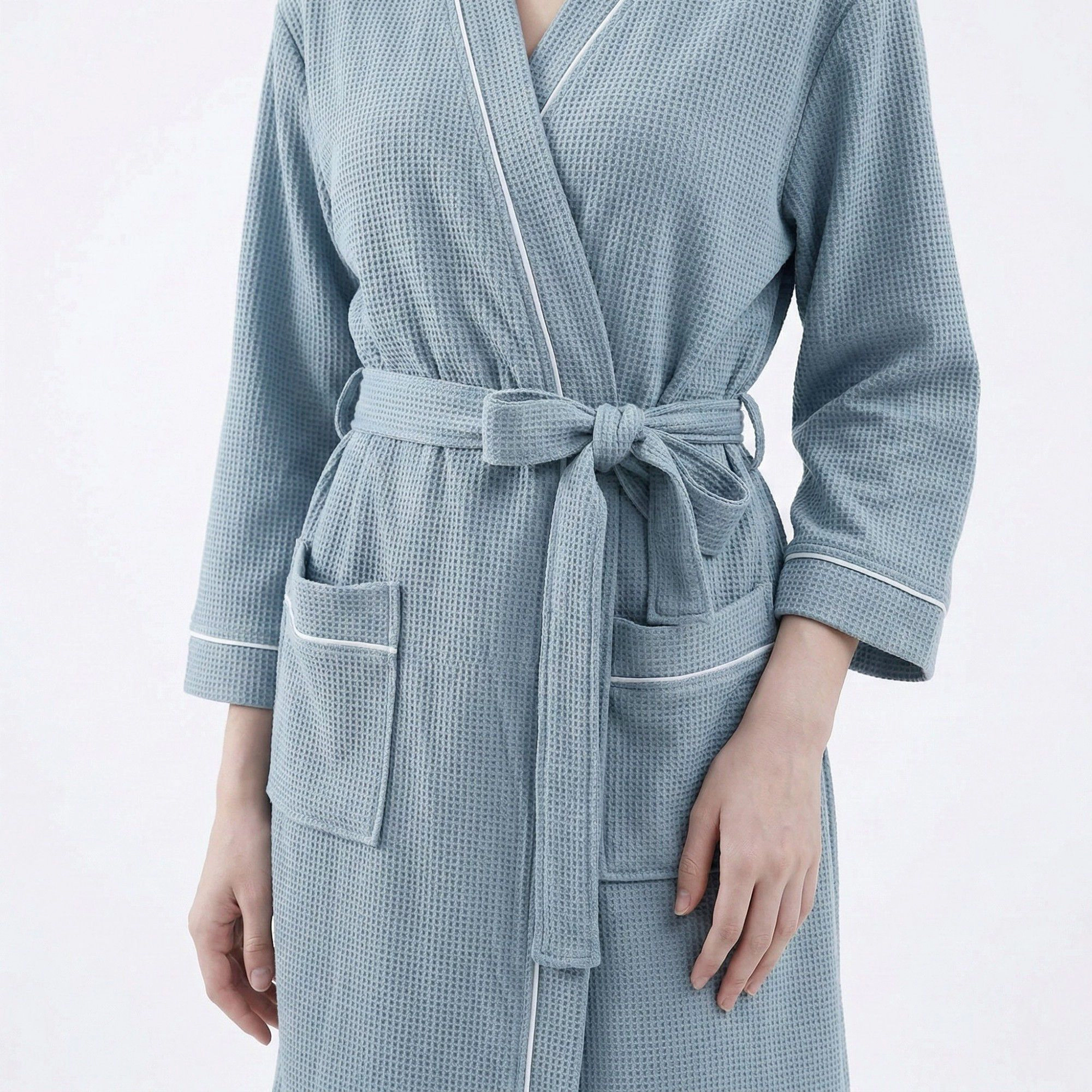 Anna-Kaci Women's Waffle Knit Long Sleeve Bathrobe with Adjustable Waist Tie Belt and Front Patch Pockets