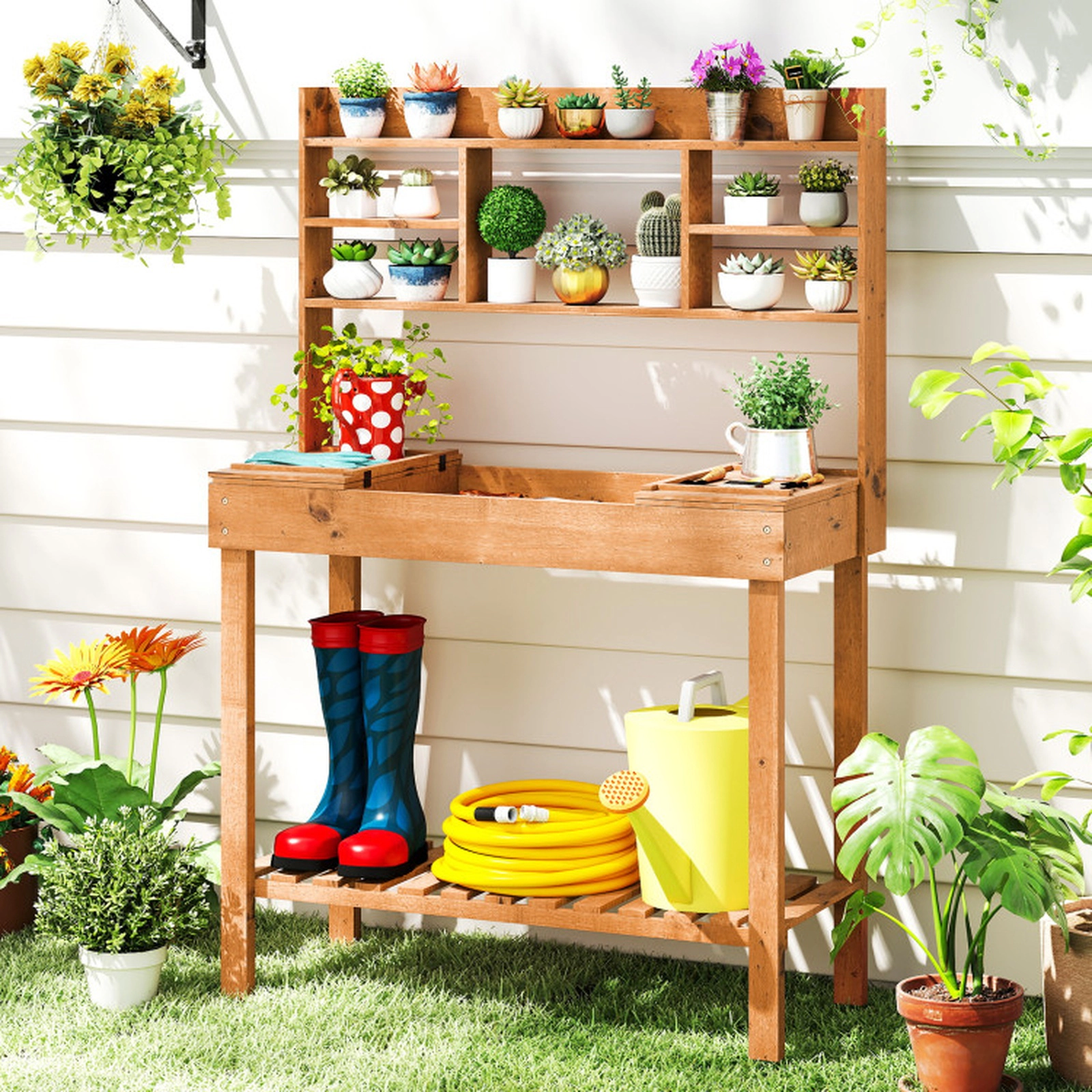SUGIFT 100-lb Capacity 60-in Brown Wooden Potting Bench Table with 3-Tier Shelf and Flip-Up Top