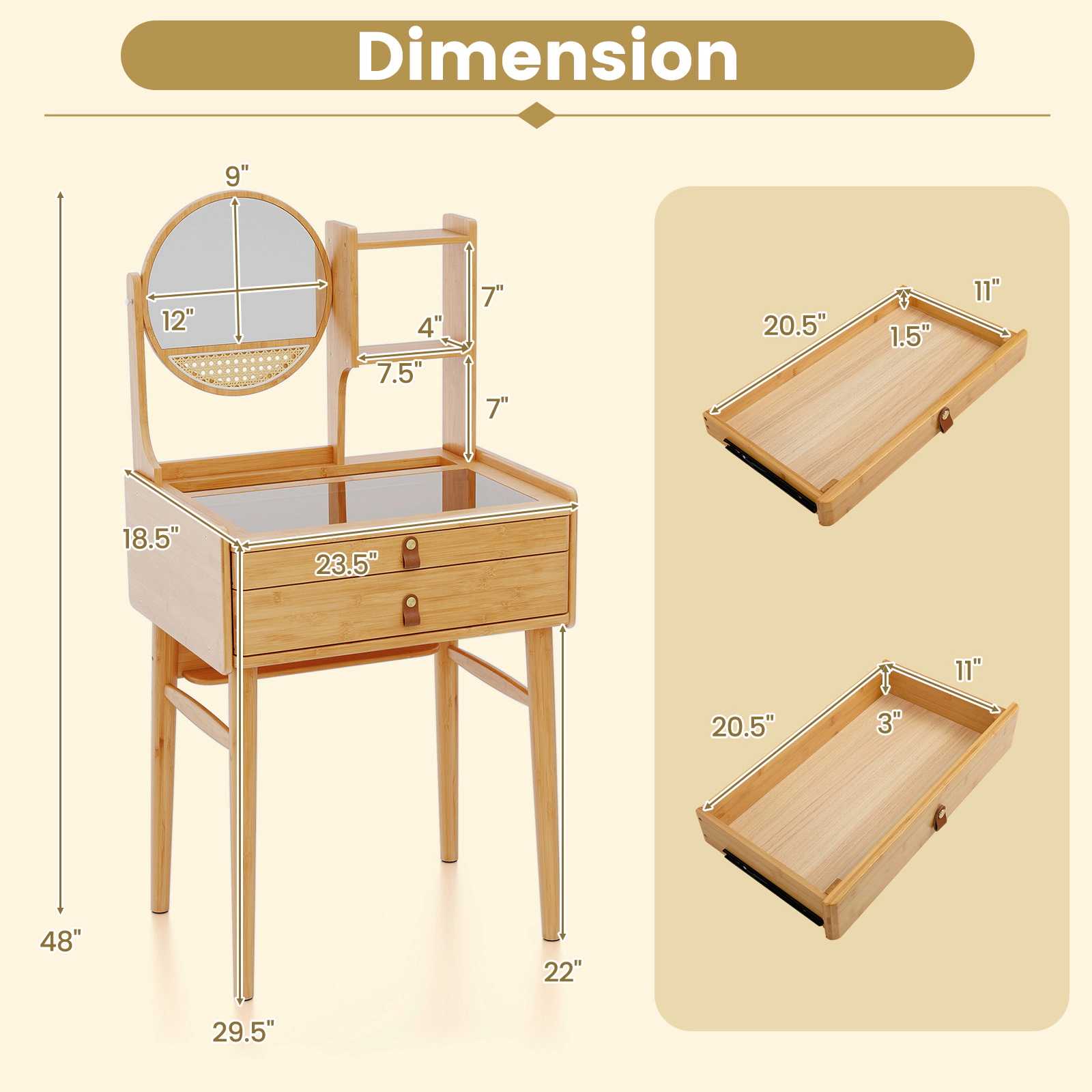 SUGIFT Small Bamboo Vanity Desk and Stool Set Natural with Mirror and 2 Drawers
