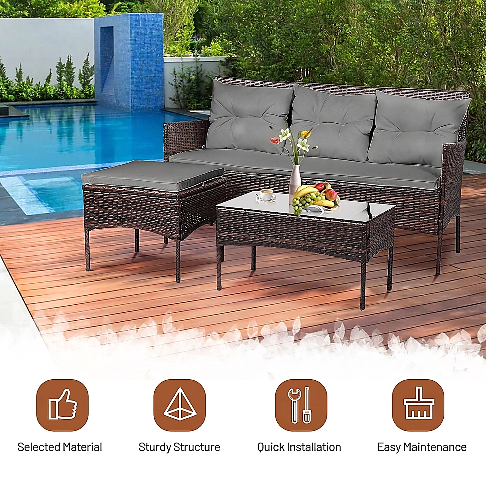 SUGIFT 3-Piece Gray Rattan Patio Sofa Set with Ottoman, Glass Table and 5 Cushions