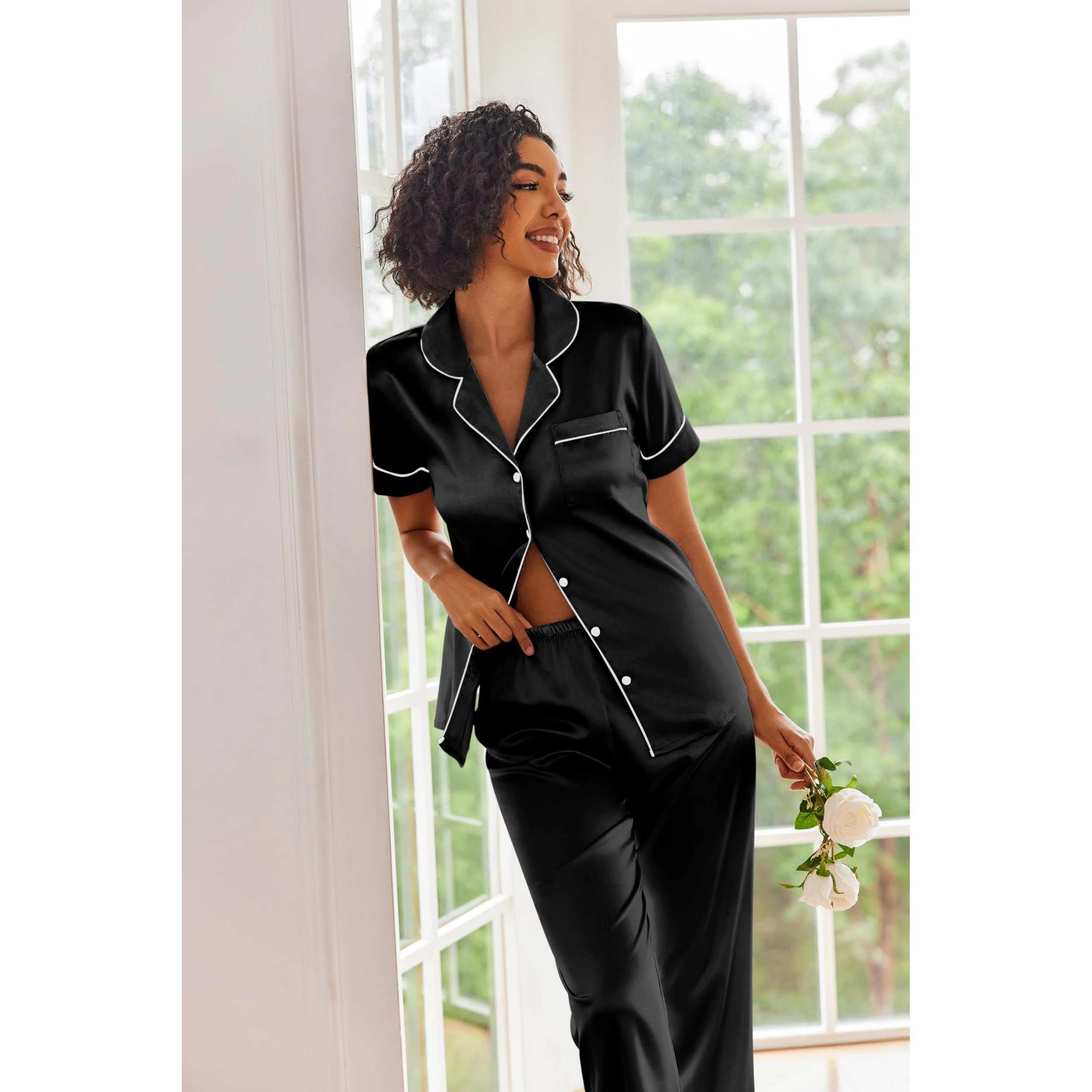 Ekouaer Silk Satin Pajamas Set Women Short Sleeve Sleepwear Soft Button Down Loungewear Pjs
