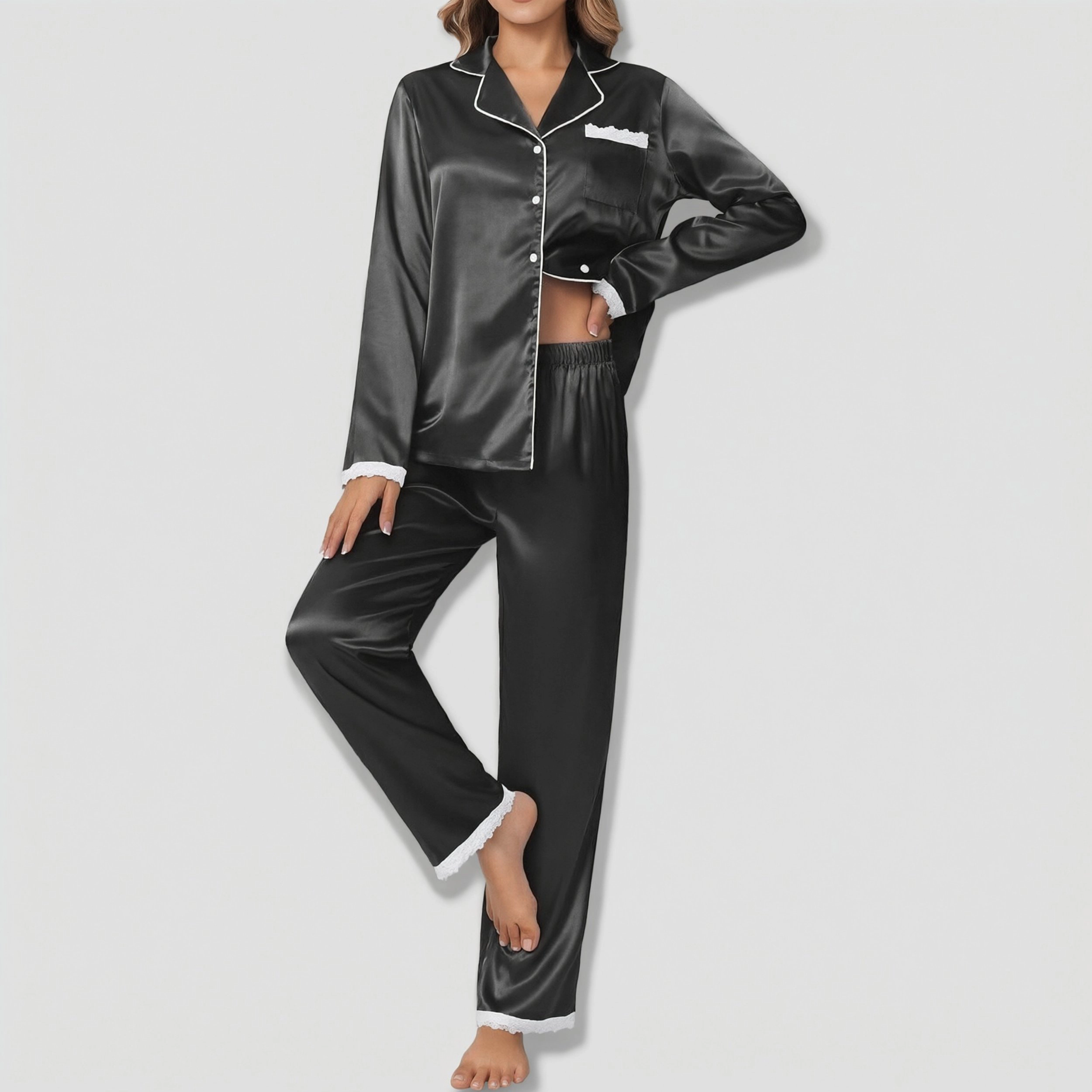 Ekouaer Satin Pajamas Silk Long Sleeve Sleepwear Button Down Loungewear Pieces Lace Set