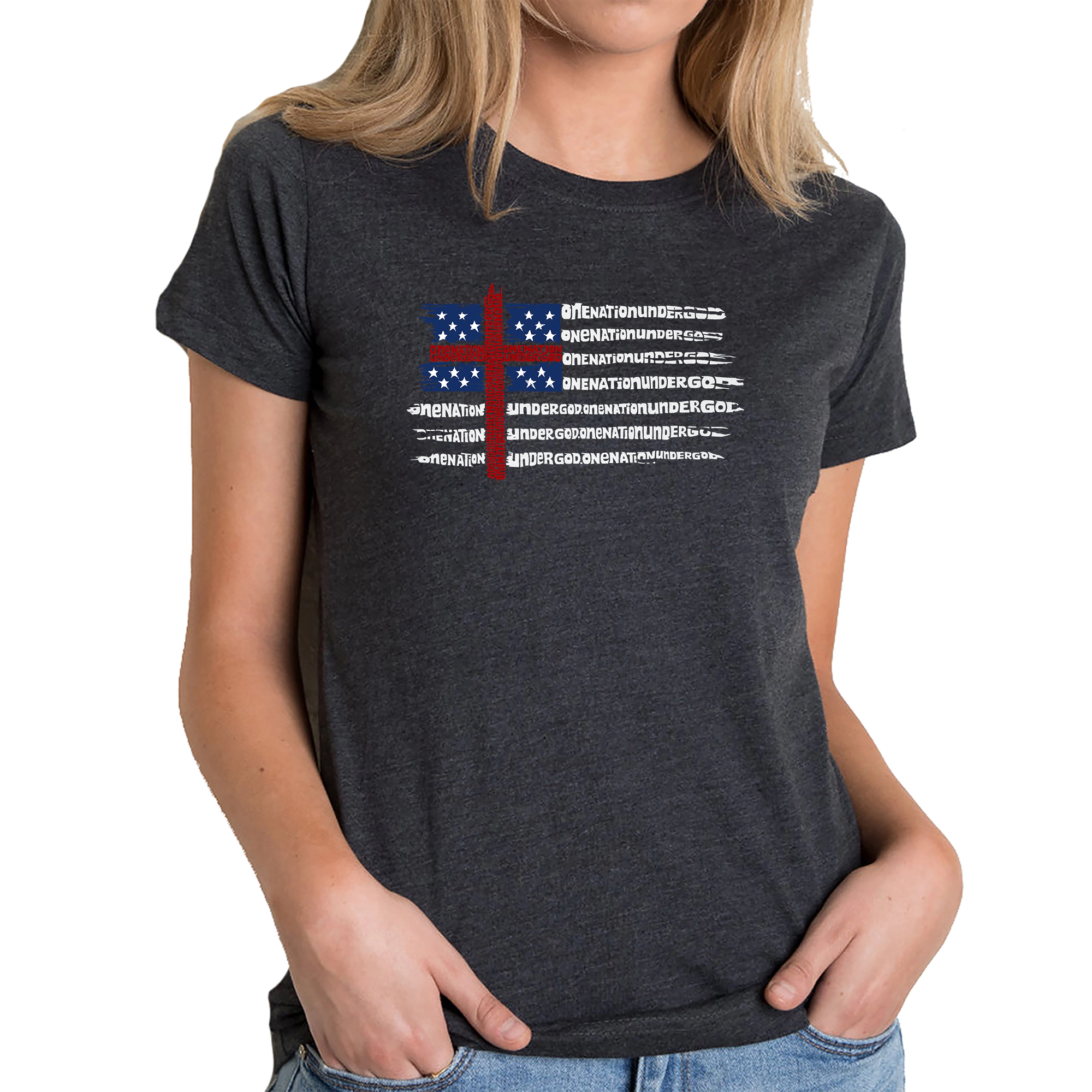LA Pop Art Women's Cotton/Poly Blend Word TShirt - One Nation Flag