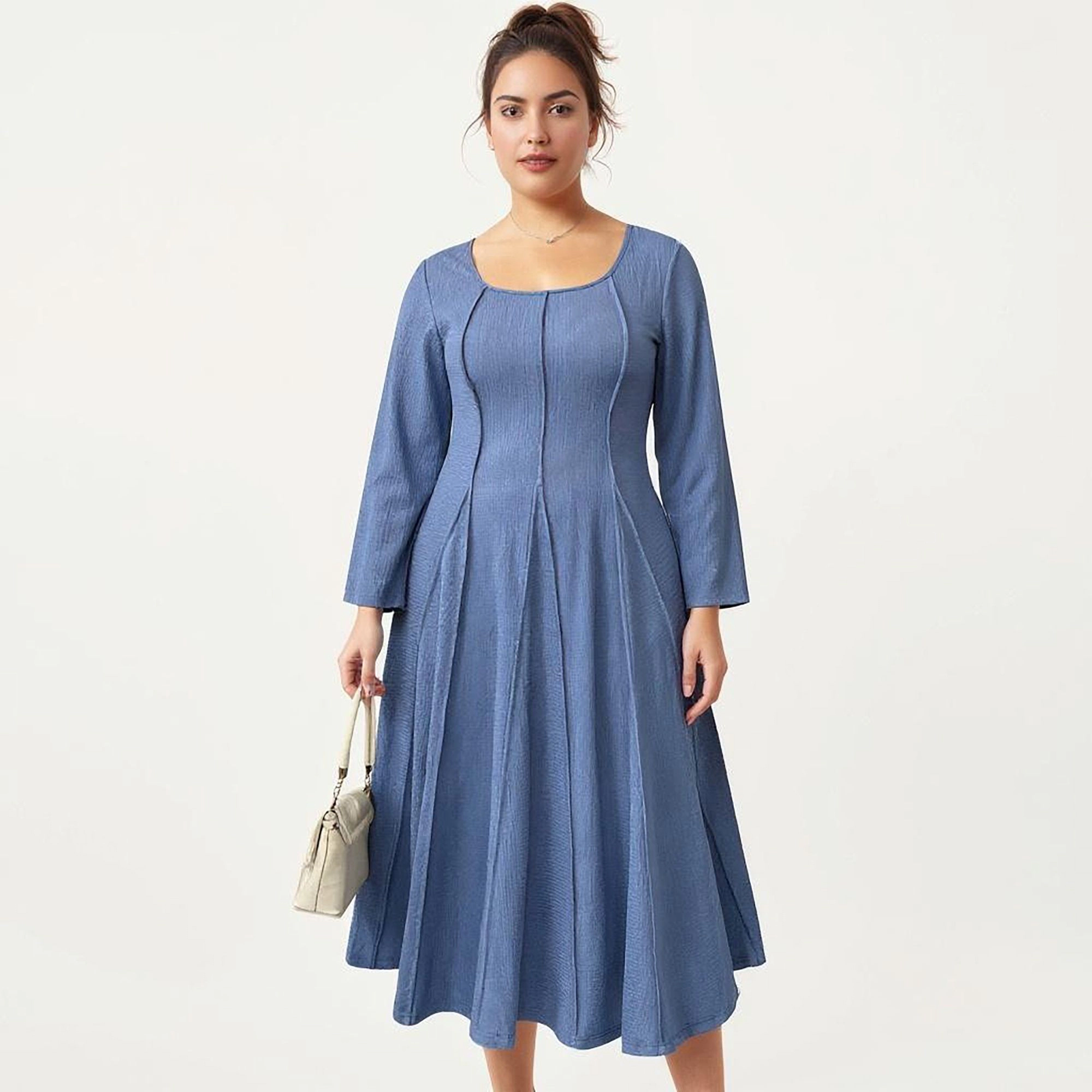 Anna-Kaci Women's Plus Long Sleeve Fitted Bodice Flared Skirt Square Neck Midi Dress