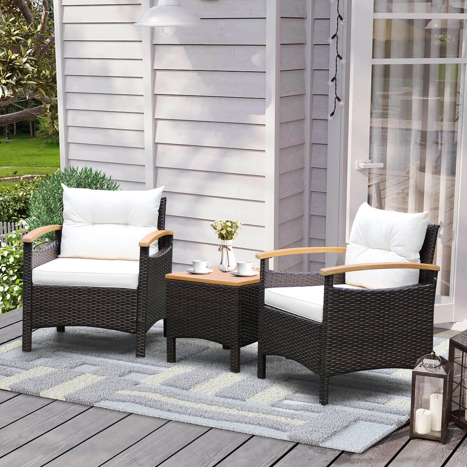 SUGIFT Patio Rattan Conversation Set Acacia Wood Table 350-lb Sofa Capacity Mix Brown Rattan Off White/Navy Cushions