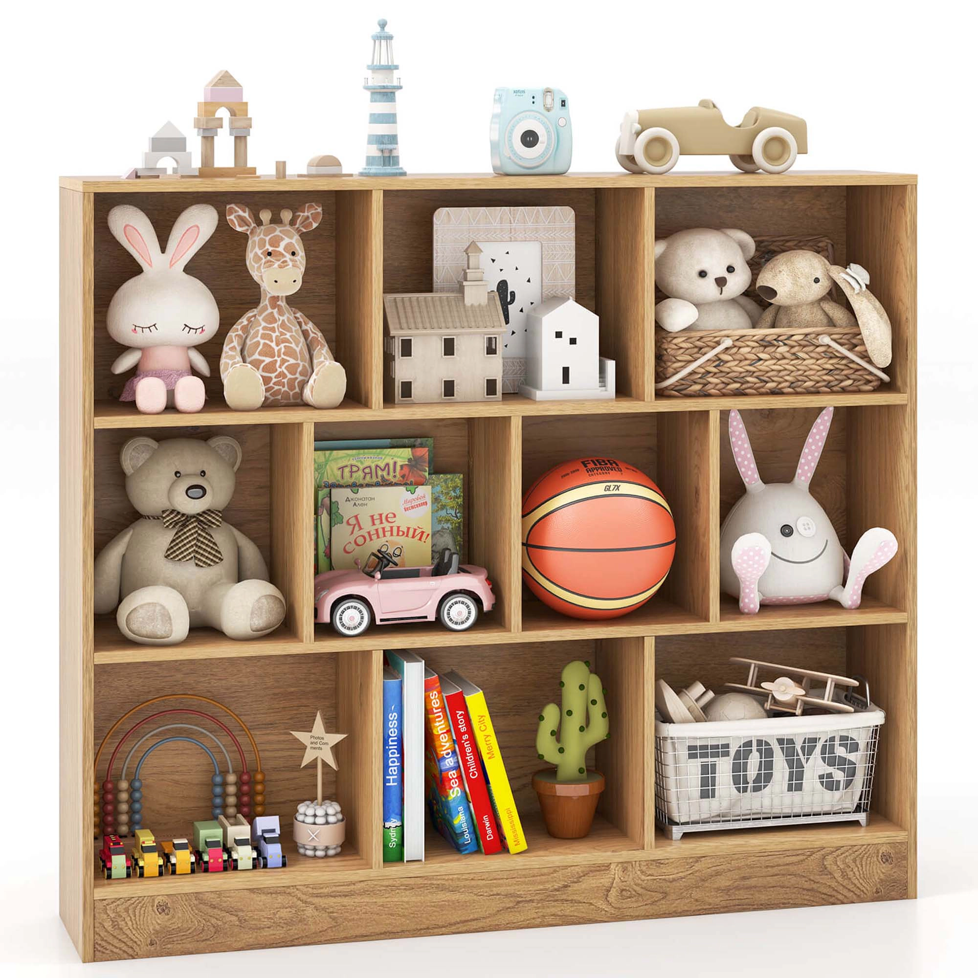 Costway 10-Cube Bookcase for Kids 41"Wooden Toy Storage Organizer Kid’s Room Natural