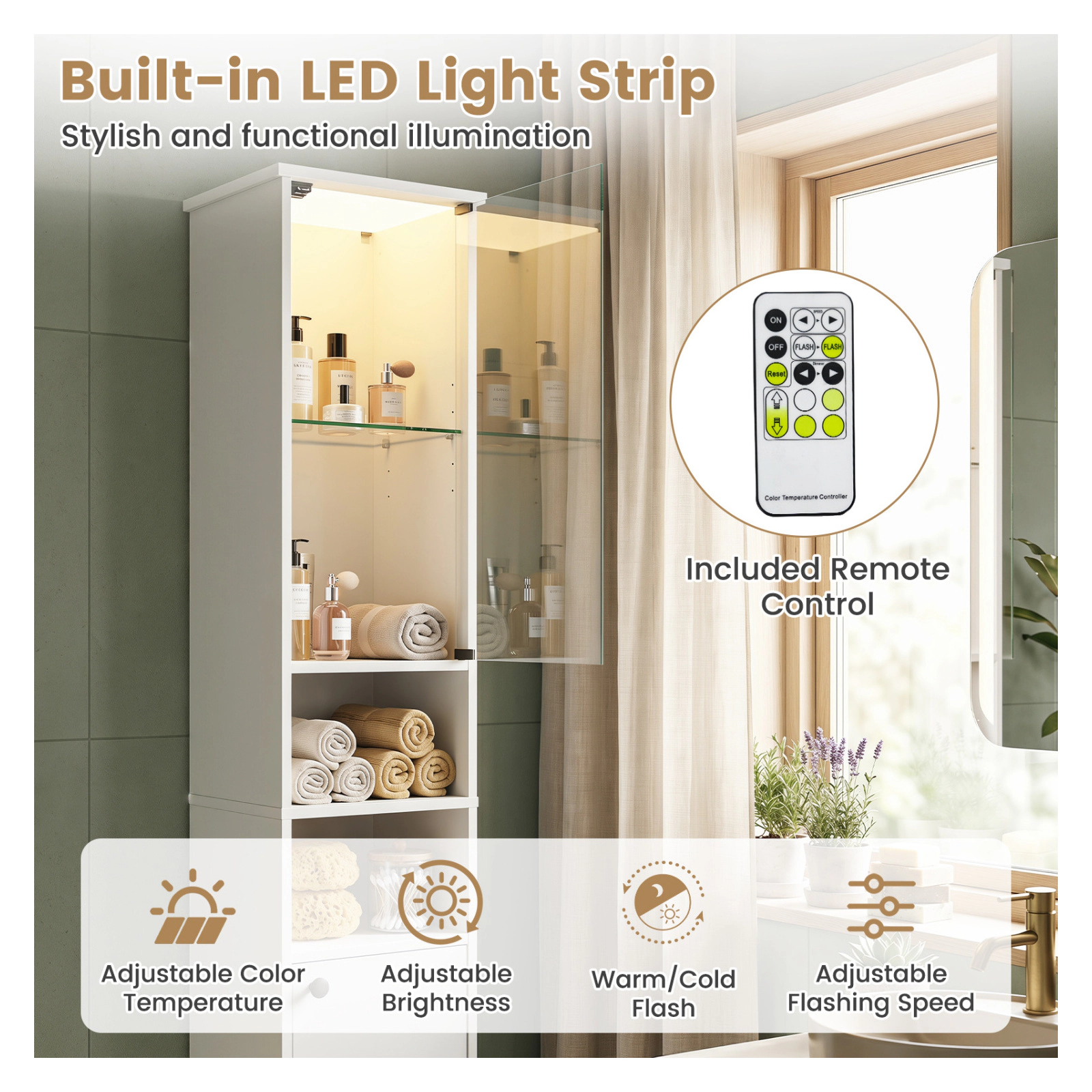 Glintex 67-Inch LED Bathroom Cabinet with Push-to-Open Tempered Glass Door, White