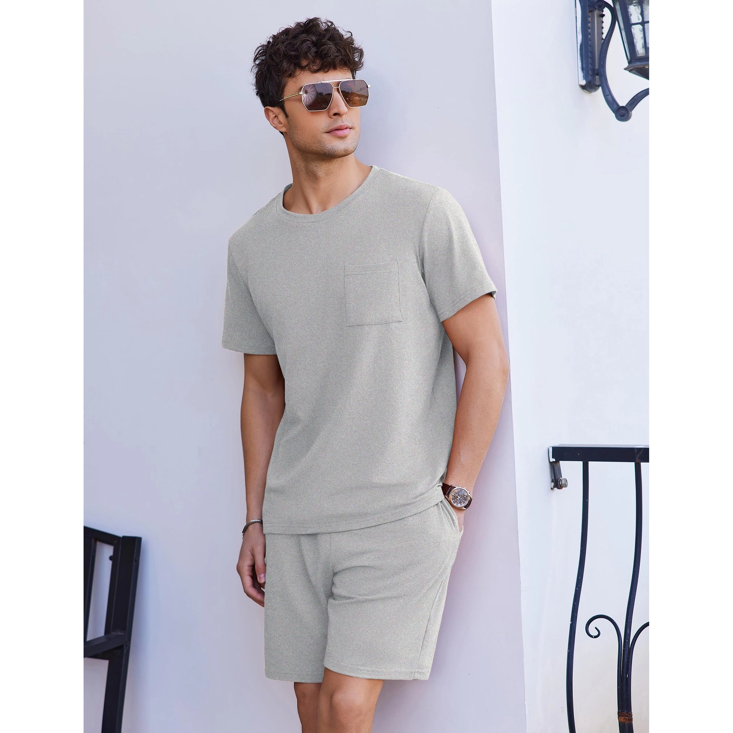 Ekouaer Men's Crew Neck Short Sleeve Pocket T-Shirt & Shorts Set