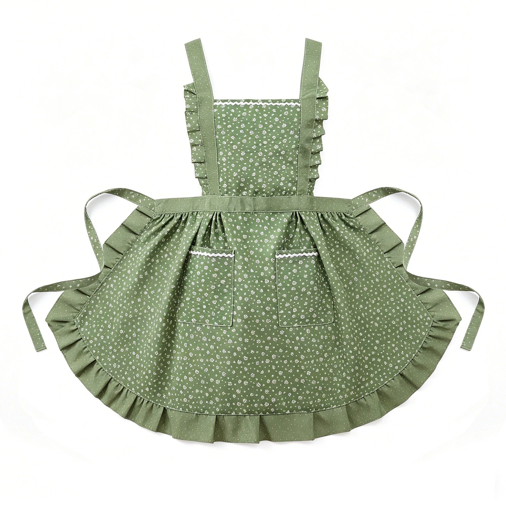 Alilang Unisex Floral Print Kitchen Apron with Ruffled Trim Adjustable Waist Ties and Front Pockets