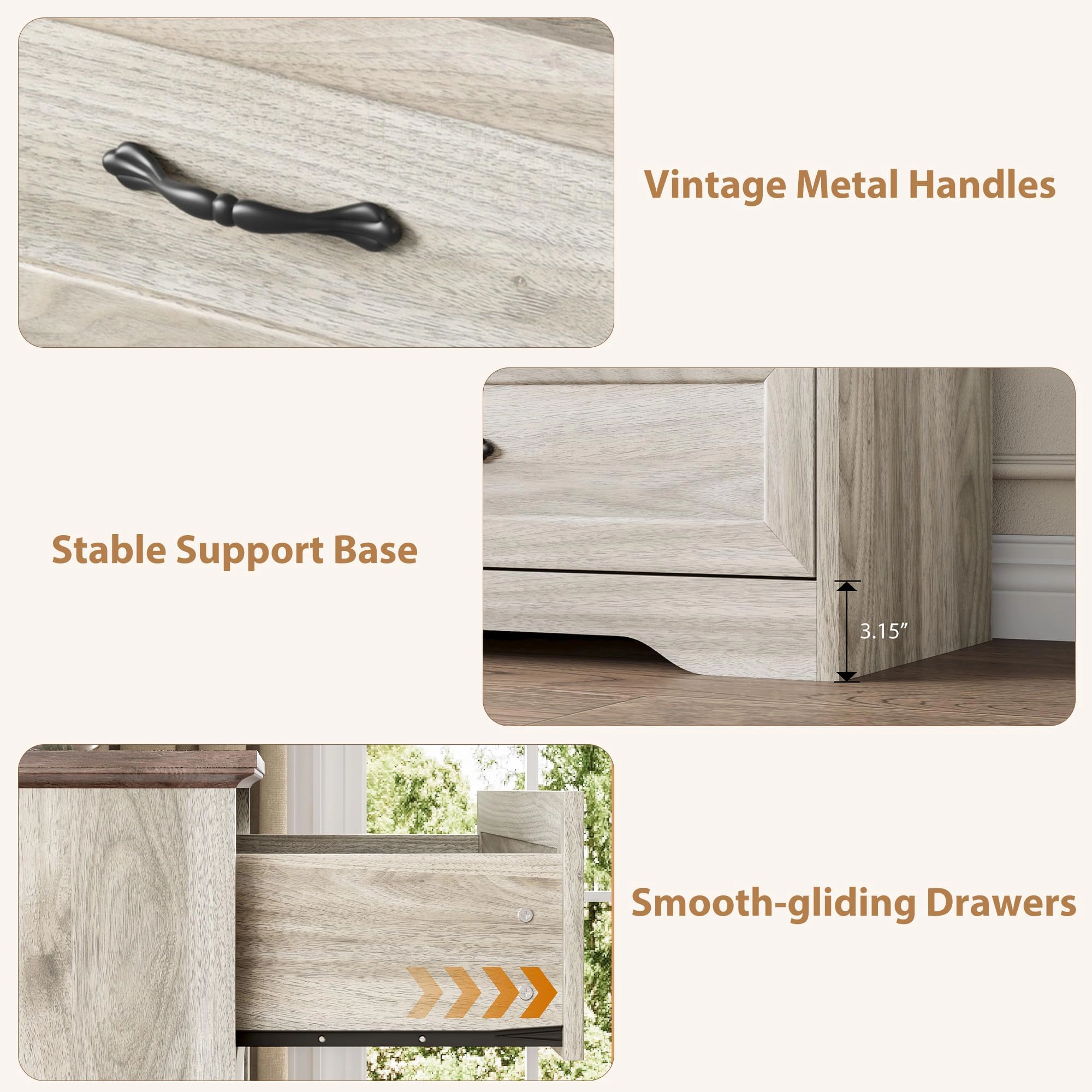 Farmhouse 5 Drawer Dresser with Metal Handles, 44" Tall Wooden Storage Cabinet for Bedroom Living Room