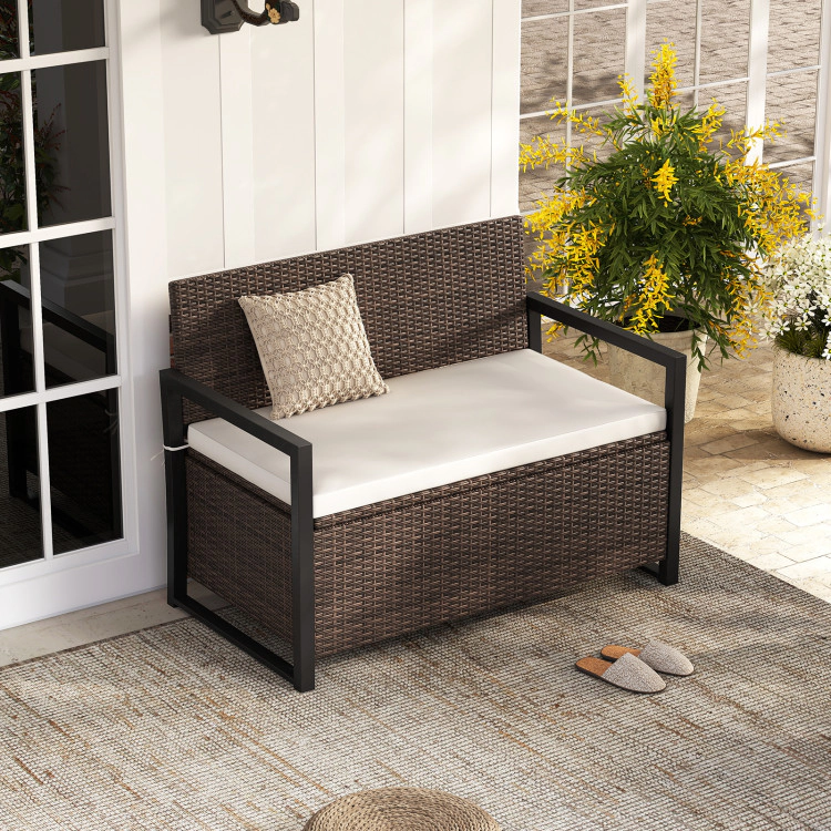 SUGIFT 2-Seat 40-Gallon Off White Cushion PE Rattan Storage Bench 46-in x 24.5-in x 33.5-in 800-lb Capacity Brown