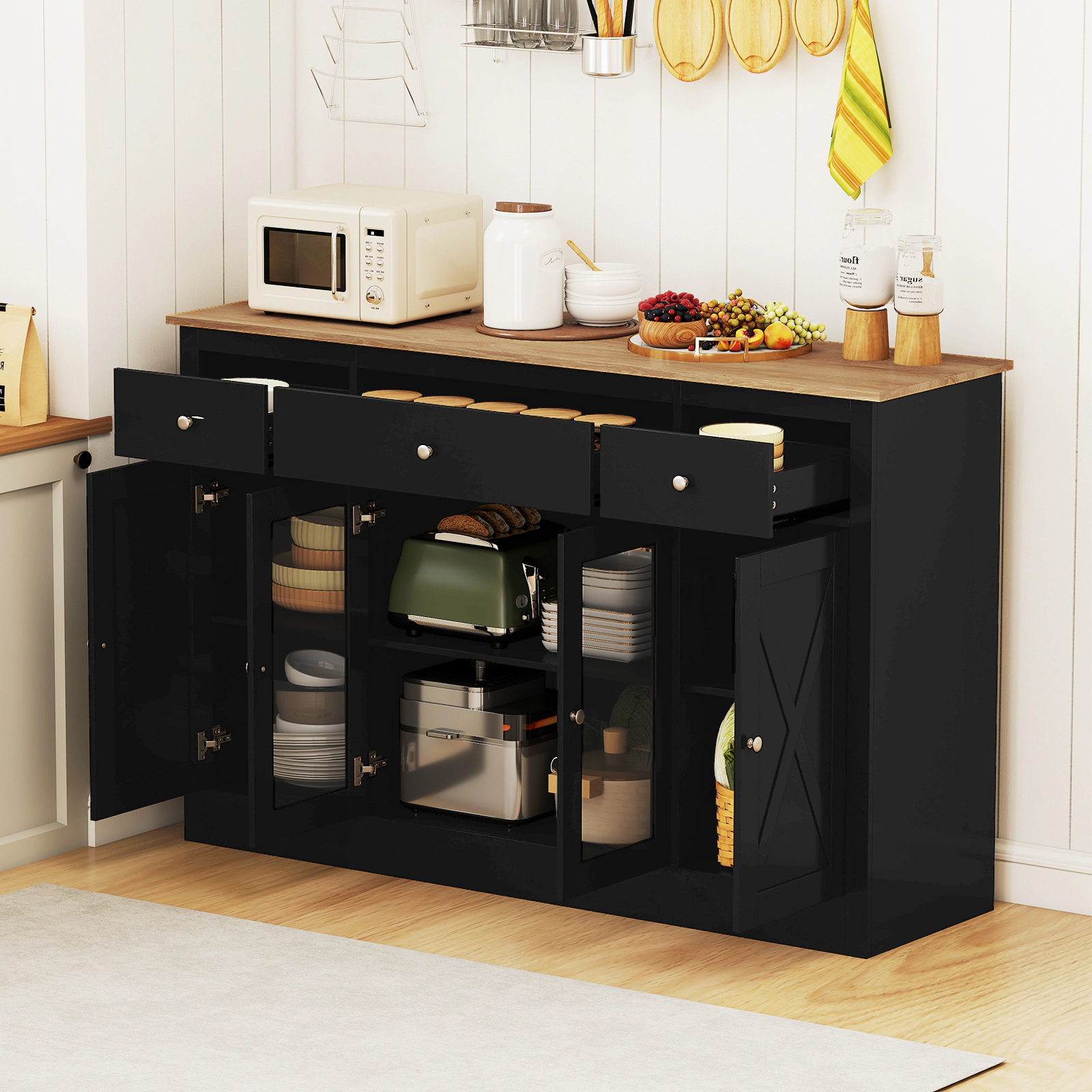 SUGIFT Buffet Sideboard Kitchen Storage Cabinet with 3 Drawers See-through Doors Adjustable Shelves Wine Bar Table Black