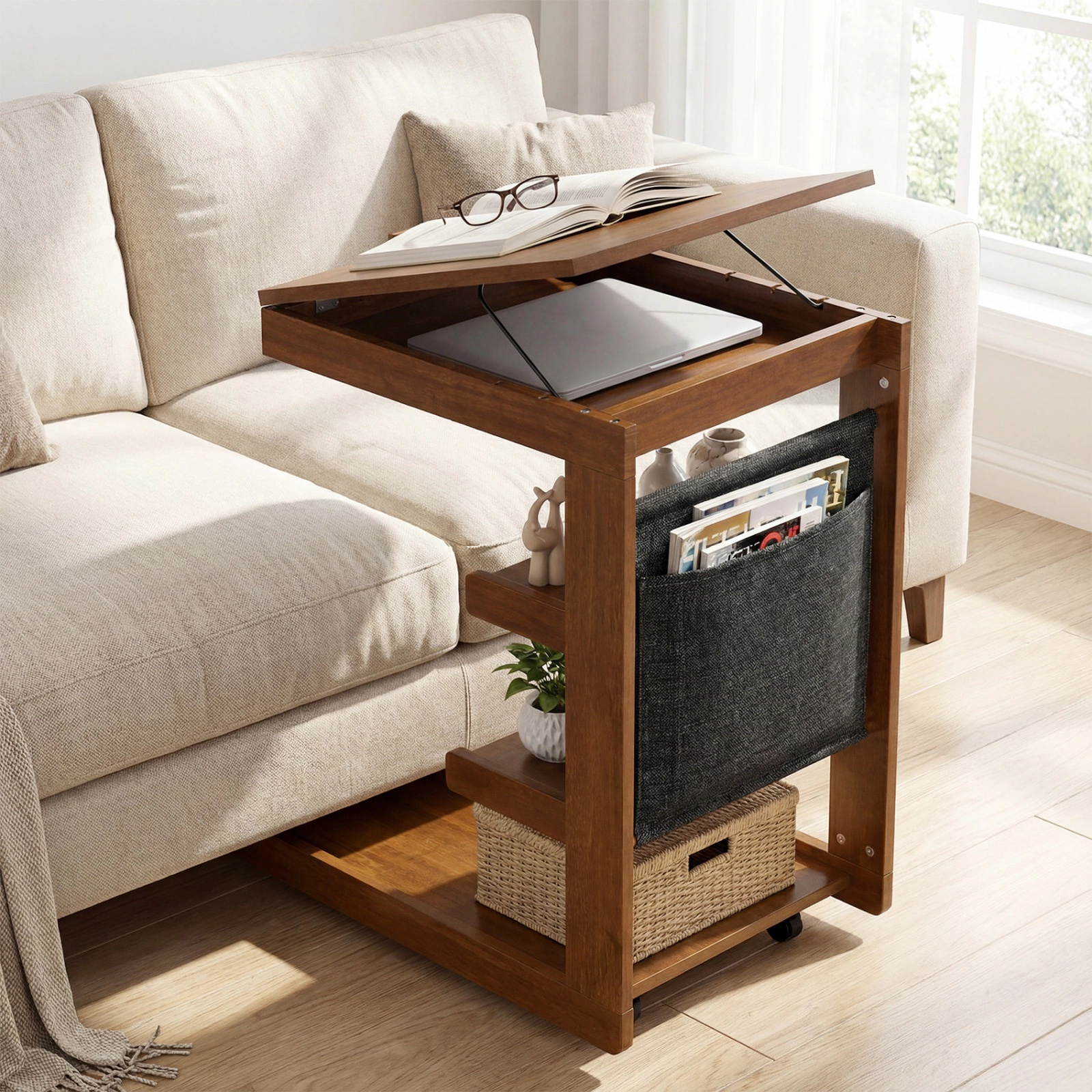 SUGIFT Brown Rolling C-Shaped Side Table with Tilting Laptop Desk and 3 Shelves