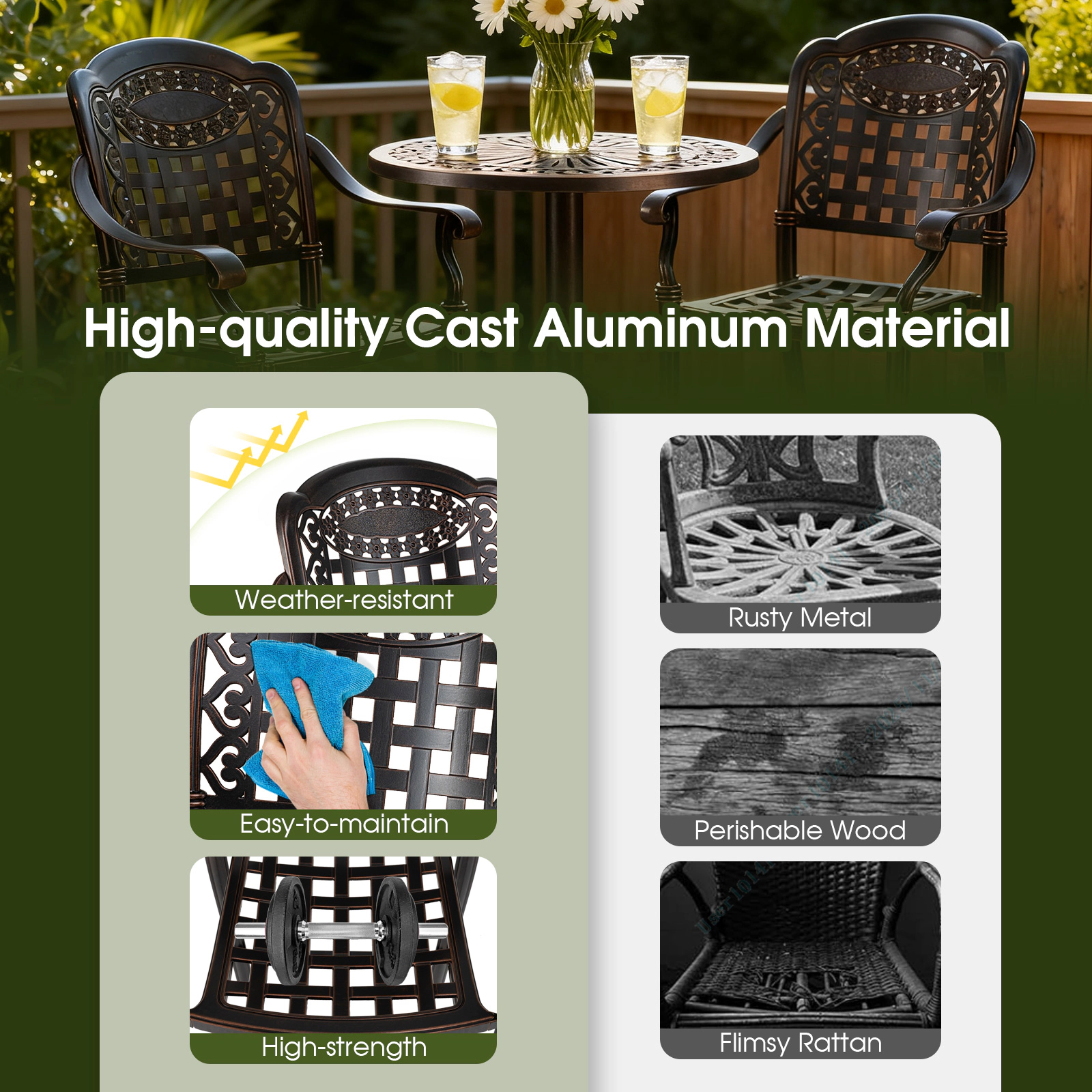 SUGIFT Set of 2 Outdoor Cast Aluminum Counter Height Bar Stools for Bar Sets 360-lb Capacity 25.5-in Seat Height Copper