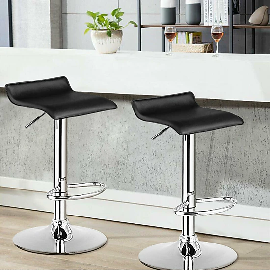 SUGIFT Set of 2 Black Adjustable Backless Swivel Bar Stools, 25-33 in, PU Leather, Chrome Base