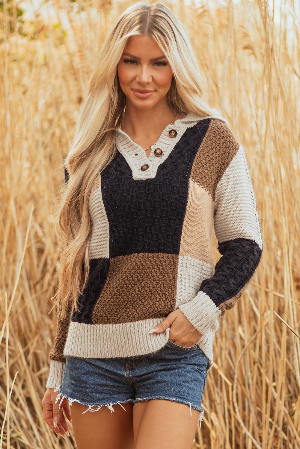 Threaded Pear Women's Paige Cable Knit Sleeve Buttons Collared Sweater