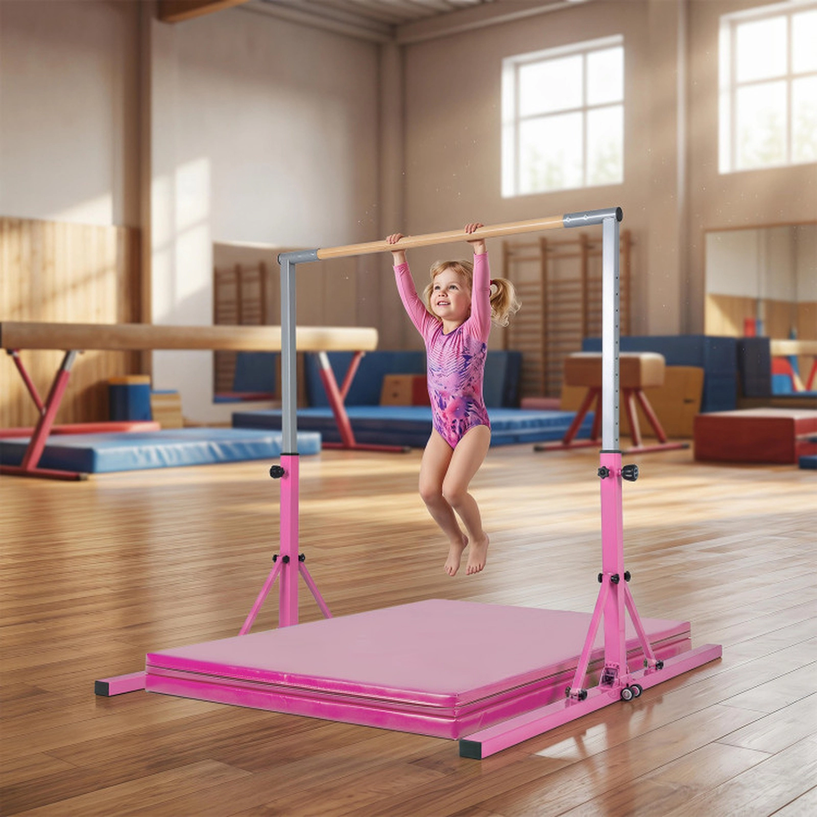 SUGIFT Foldable 13-Level Adjustable Gymnastics Training Bar 265-lb Capacity Ages 3+ Pink