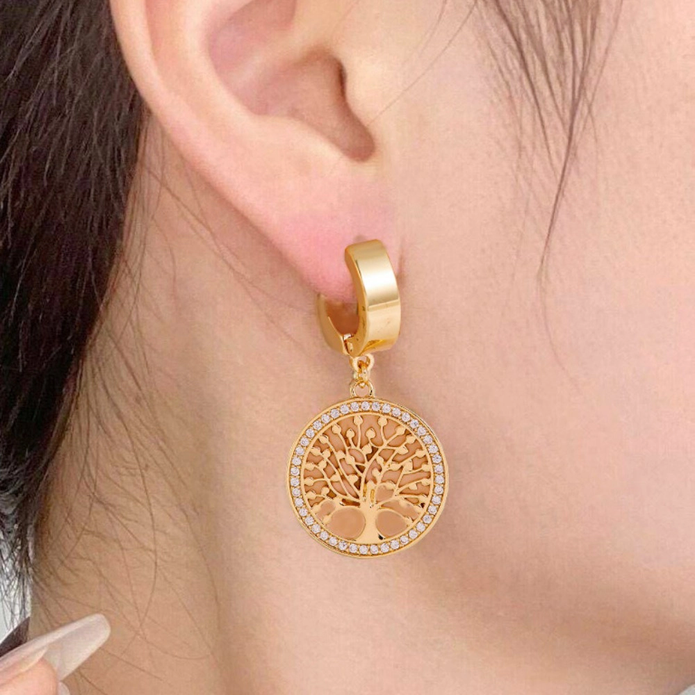 Hollow Tree of Life Cubic Zirconia Hoop Drop Earring