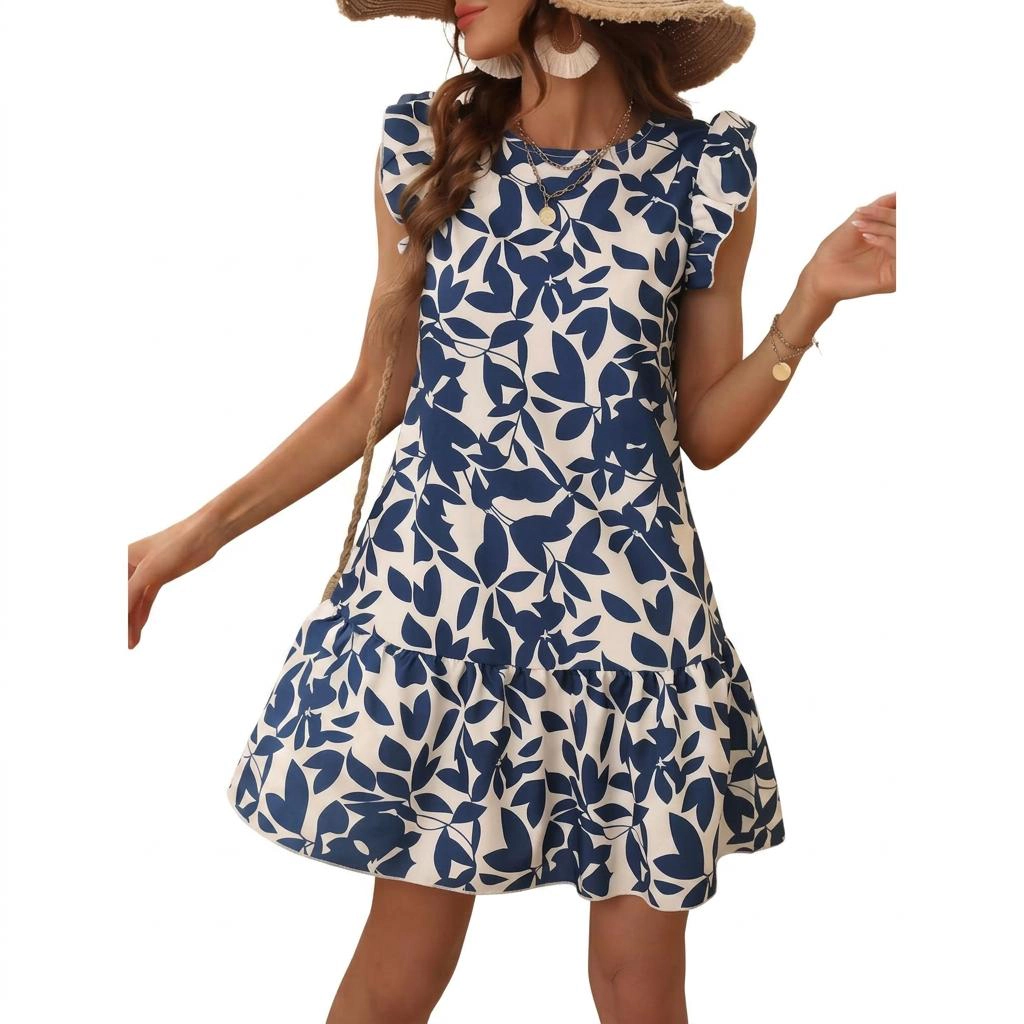 KOJOOIN Women's Printed Dress Short Ruffle Sleeve Flowy Knee Length Vacation