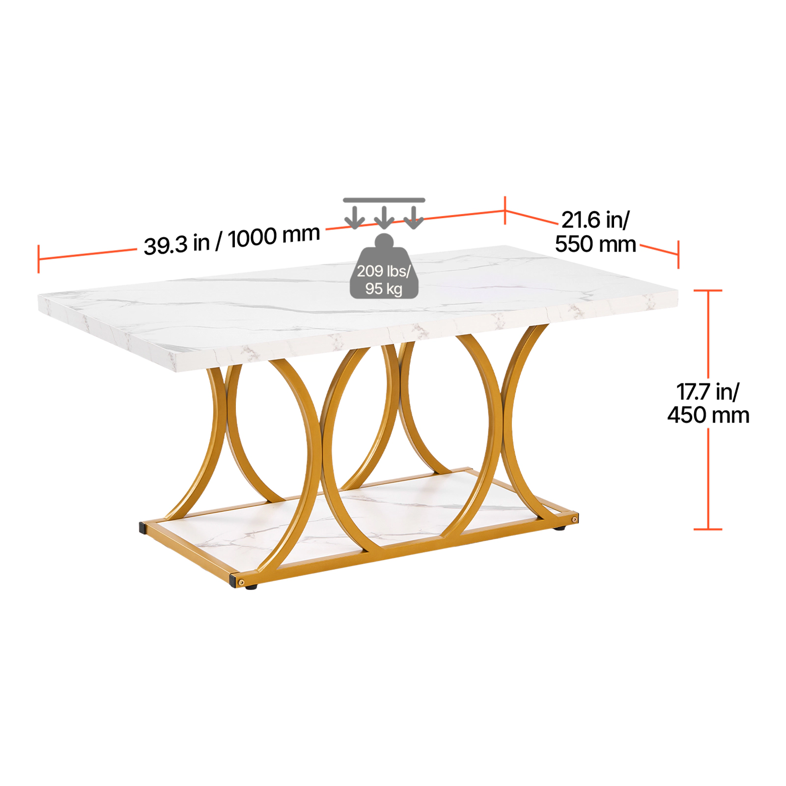 HONGGE Coffee Table Modern Faux Marble Coffee Table 2-Tier Rectangle Center Desk with Geometric Legs Minimalist Sturdy