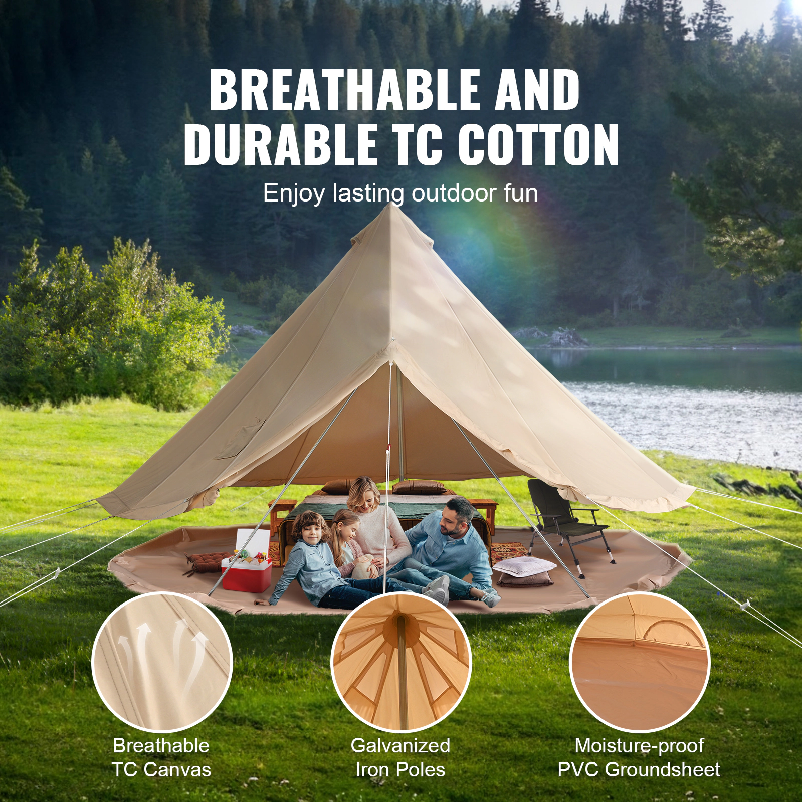 HONGGE Canvas Bell Tent 4 Seasons m/ Yurt Tent Canvas Tent for Camping with Stove Jack Breathable Tent Family Camping