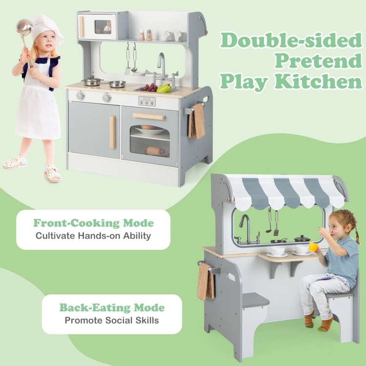 Hivvago Double Sided Kids Pretend Kitchen Playset with 2-Seat Cafe