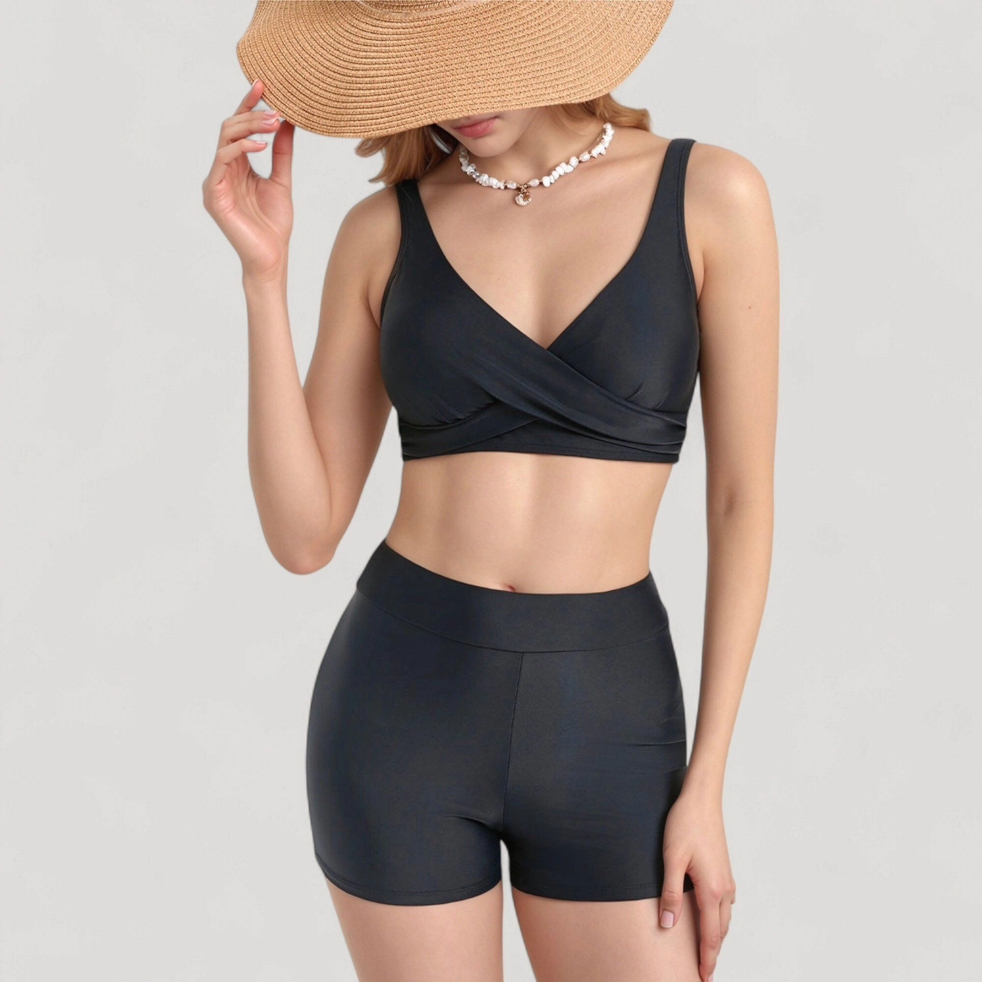 Anna-Kaci Twist Front Bikini Top and High Waist Swim Shorts Set