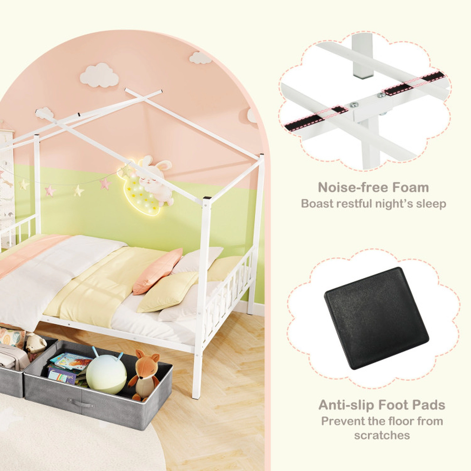 SUGIFT Full Size Metal House Bed Frame with 12 Metal Slats and 2 Fabric Drawers 660-lb Capacity Toddler Bed White/Black