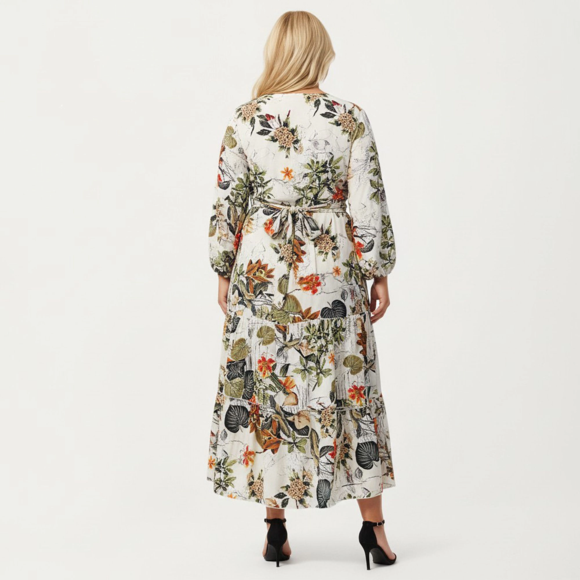 Anna-Kaci Women's Plus Floral Print Long Sleeve V Neck Waist Tie Tiered Skirt Midi Dress