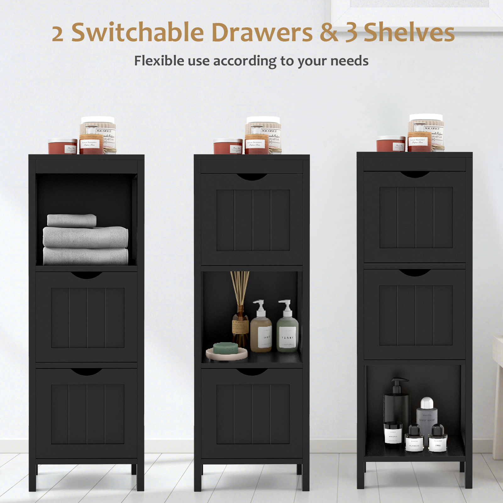 SlickBlue Bathroom Floor Cabinet with Drawers and Open Shelf