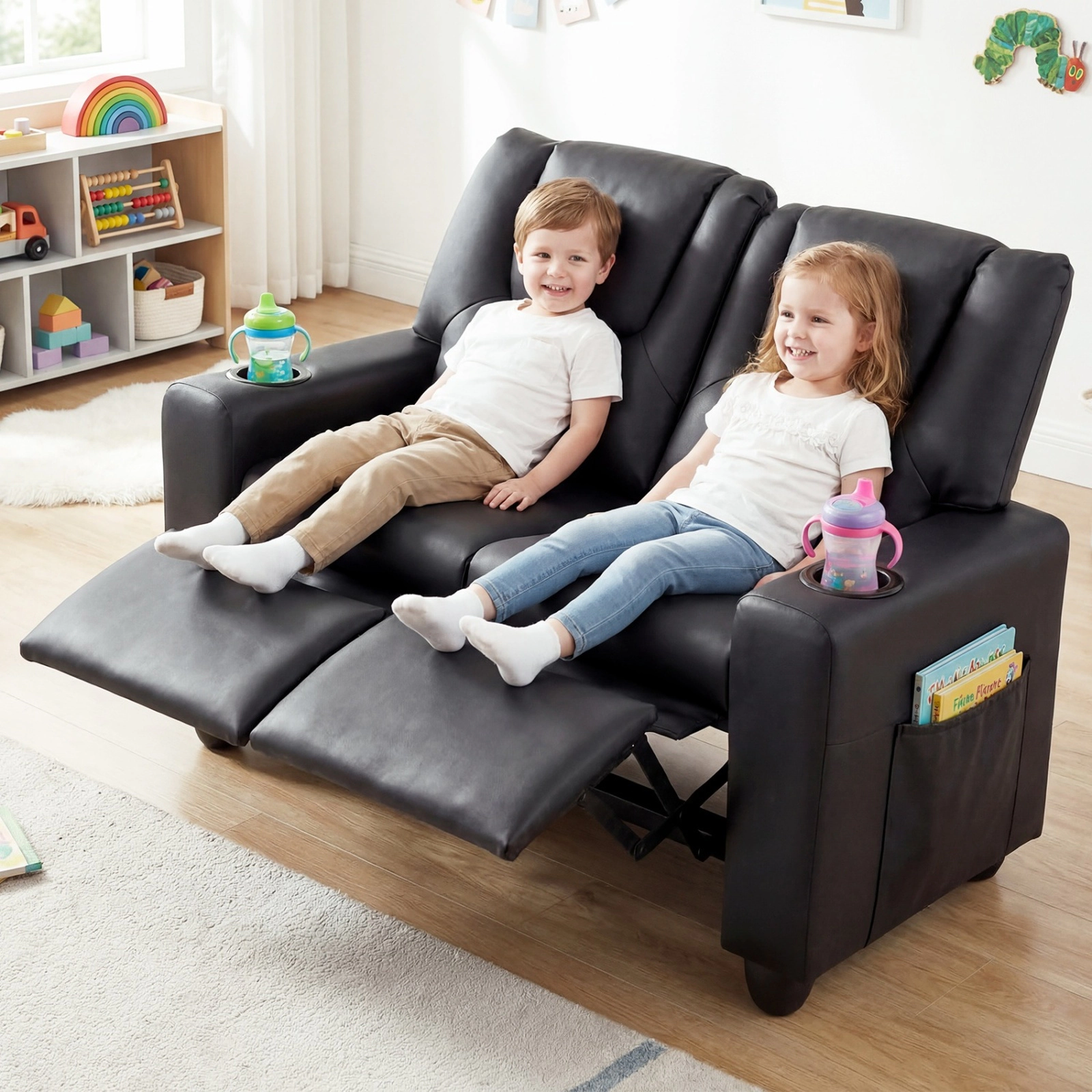 SUGIFT 2 Cup Holders 2-Seater Kids Recliner Double Toddler Sofa Chair