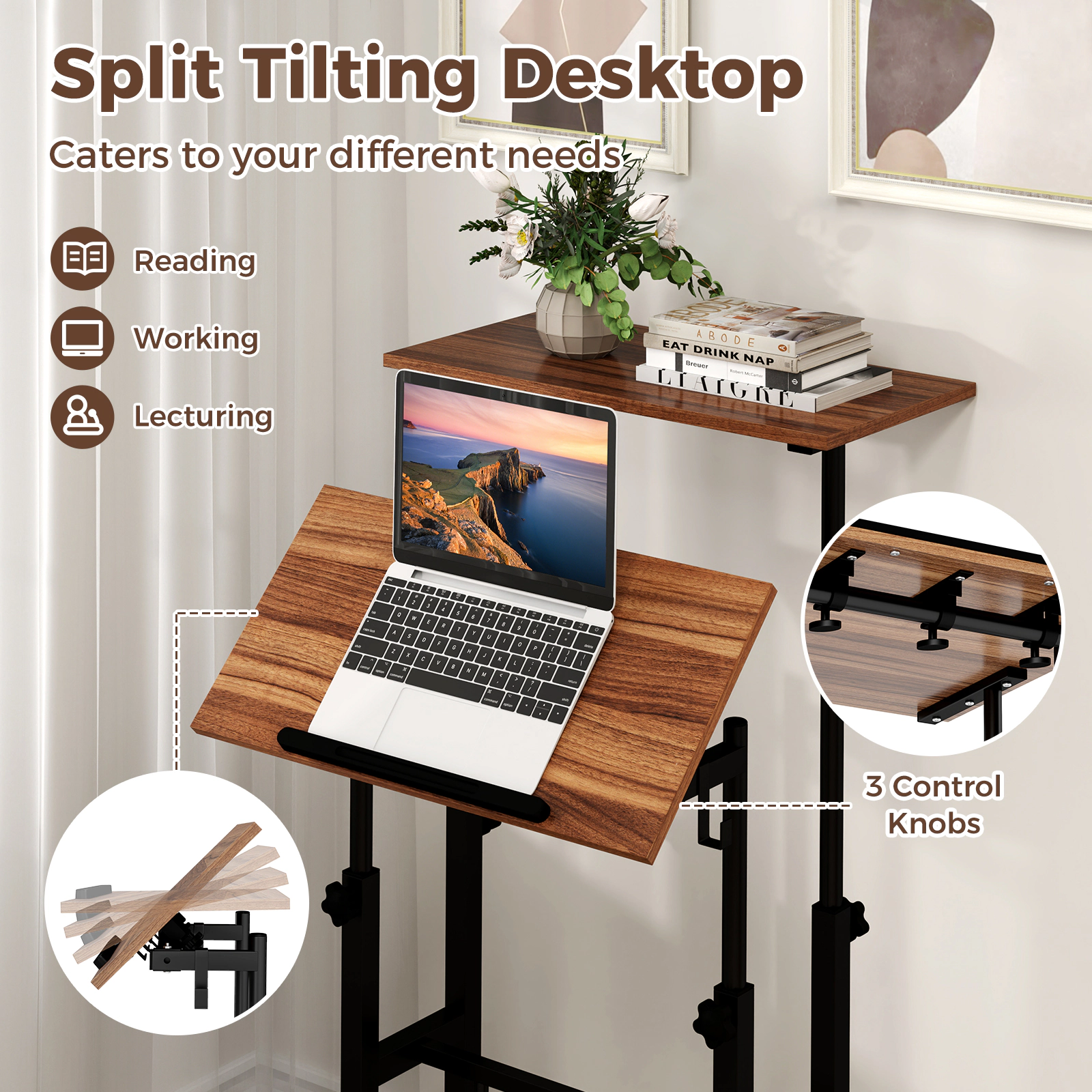 SUGIFT Height-Adjustable Mobile Standing Desk with Split Top 44-lb Capacity Walnut/Natural/Black