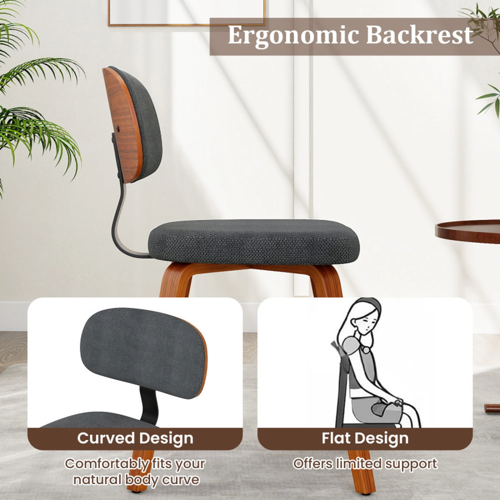 SUGIFT Set of 4 Dark Gray Chenille Upholstered Dining Chairs with Curved Backrests