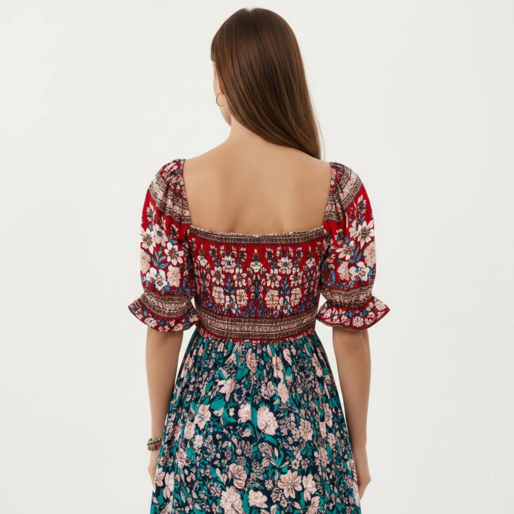 Anna-Kaci Women's Puff Sleeve Mixed Floral Print Border Hem Maxi Dress