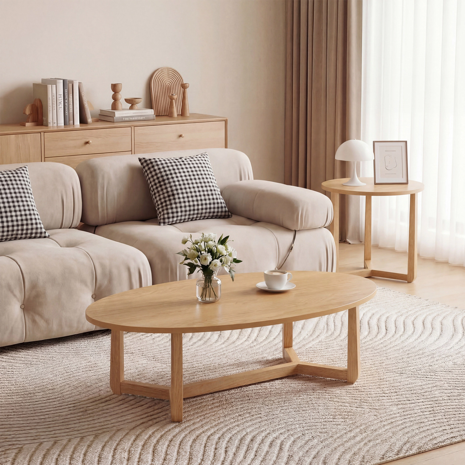 LJG Nesting Coffee Table Set of 2 with Wood Veneered Top and Solid Rubber Wood Legs