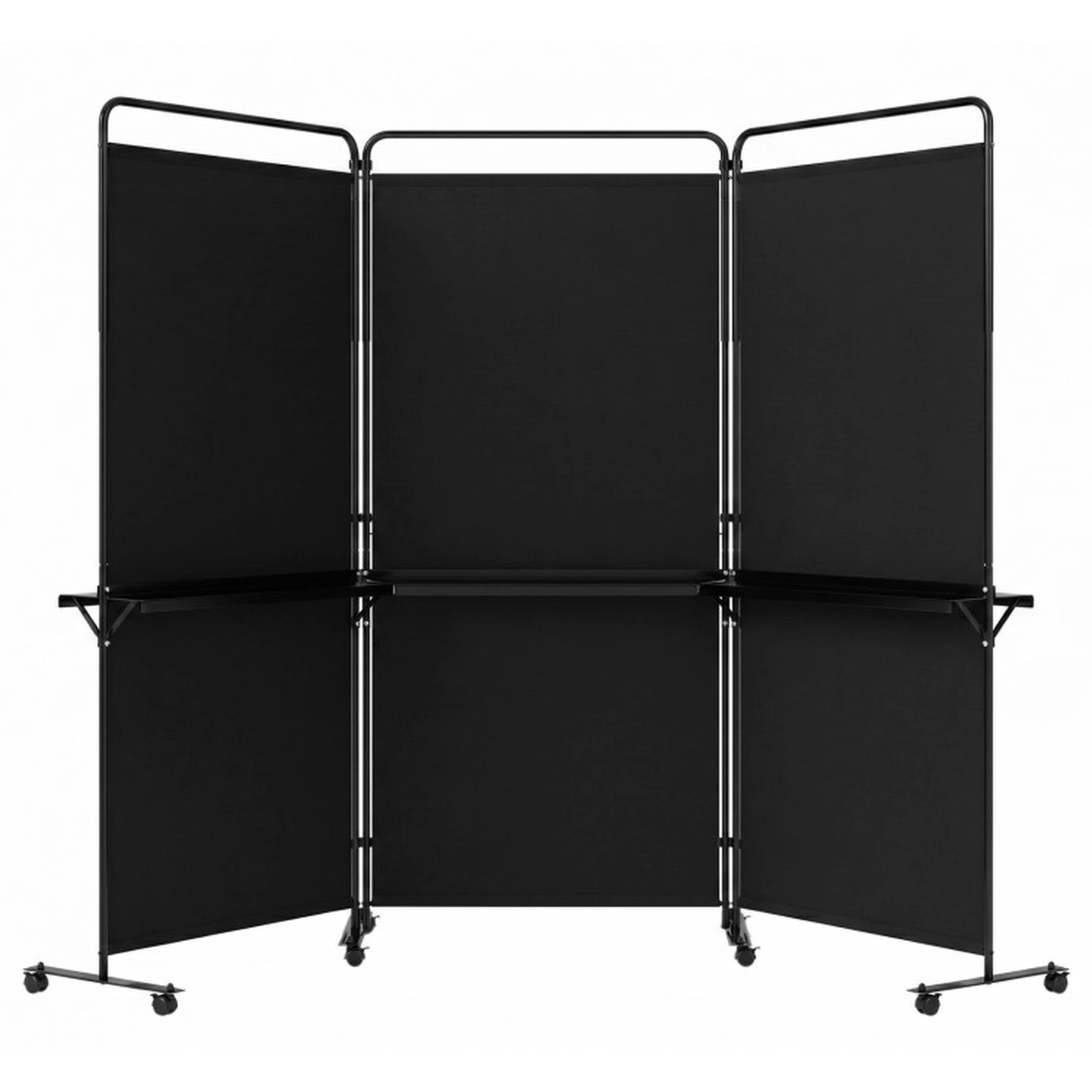 SUGIFT Black 3-Panel 74-in Tall Folding Room Divider with 3 Metal Shelves and 8 Lockable Universal Wheels